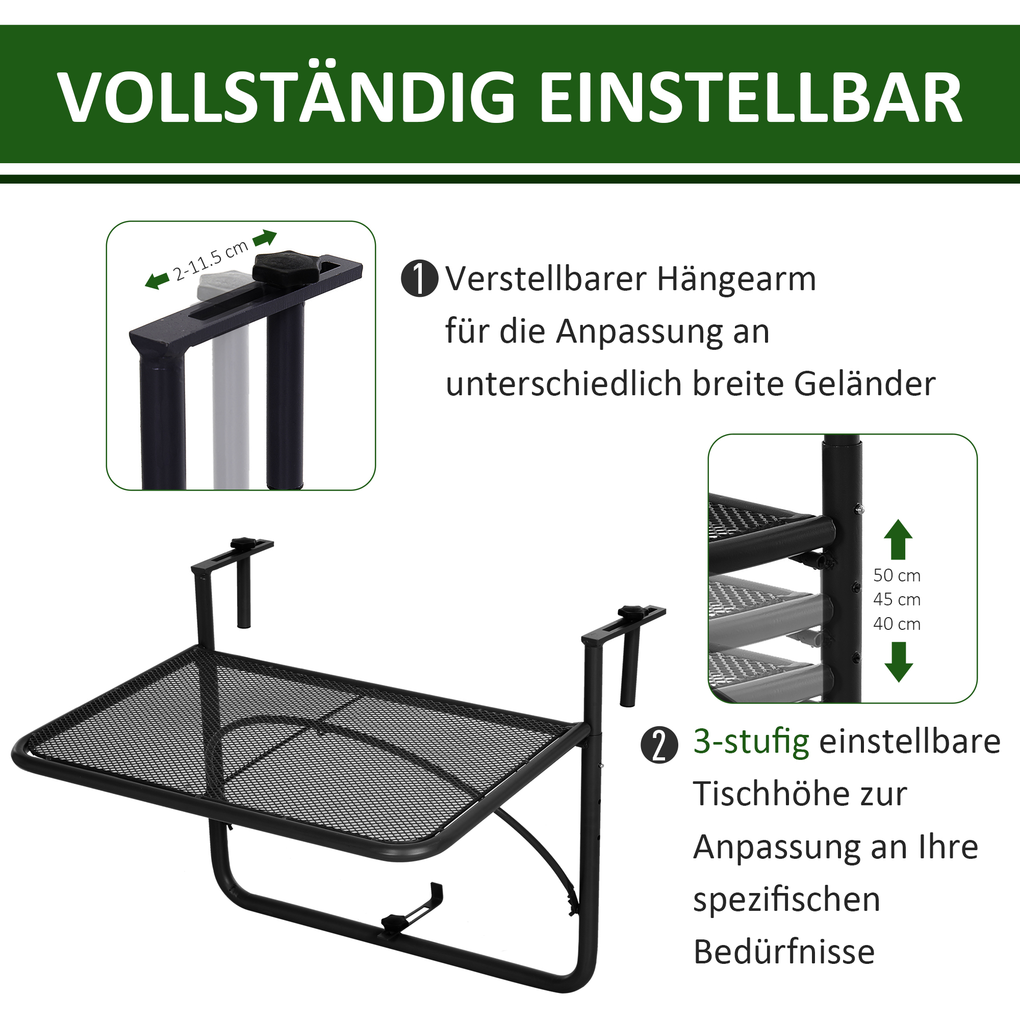 Balkonhängetisch Gartentisch höhenverstellbar viereckig Terrasse Metall Schwarz L60 x B56,5 x H45 cm
