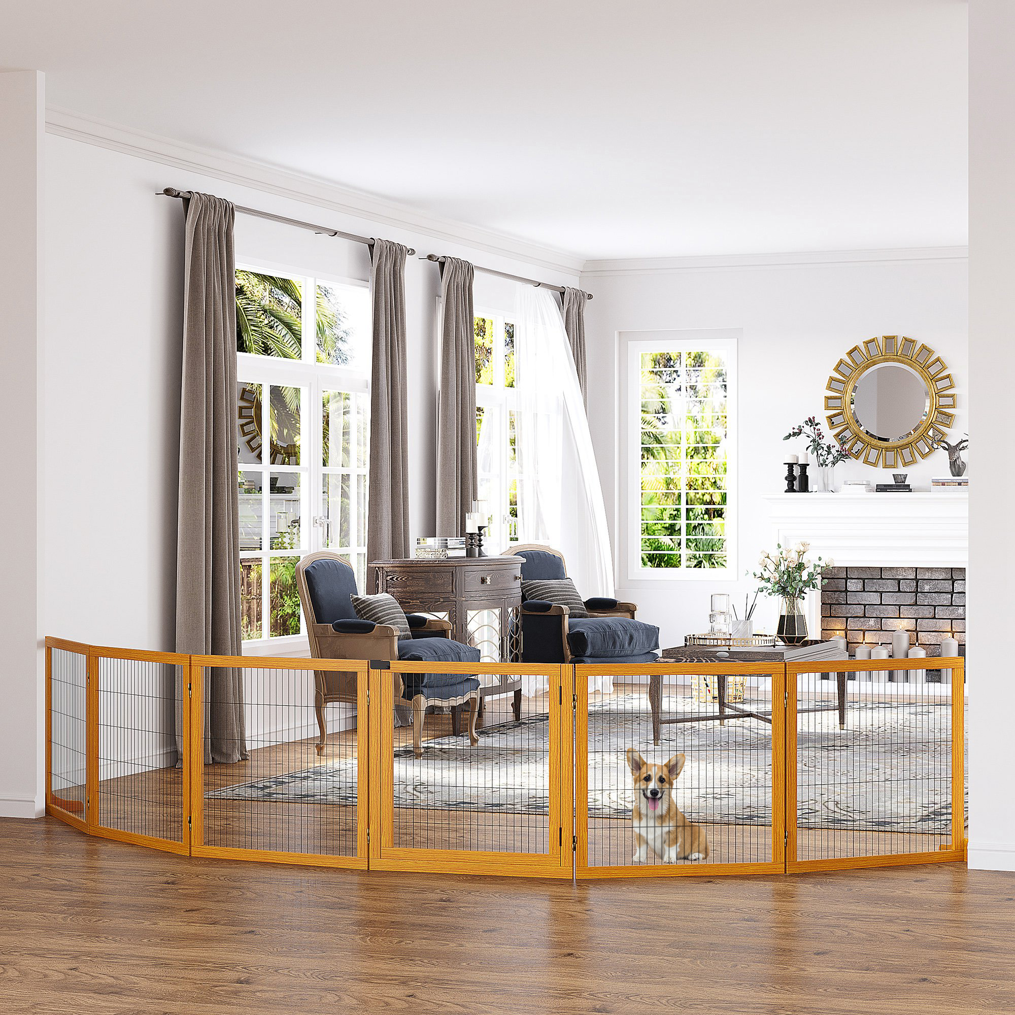 Absperrgitter für Hunde, klappbar, 432 x 36 x 70 cm, Kiefernholz, Gelb
