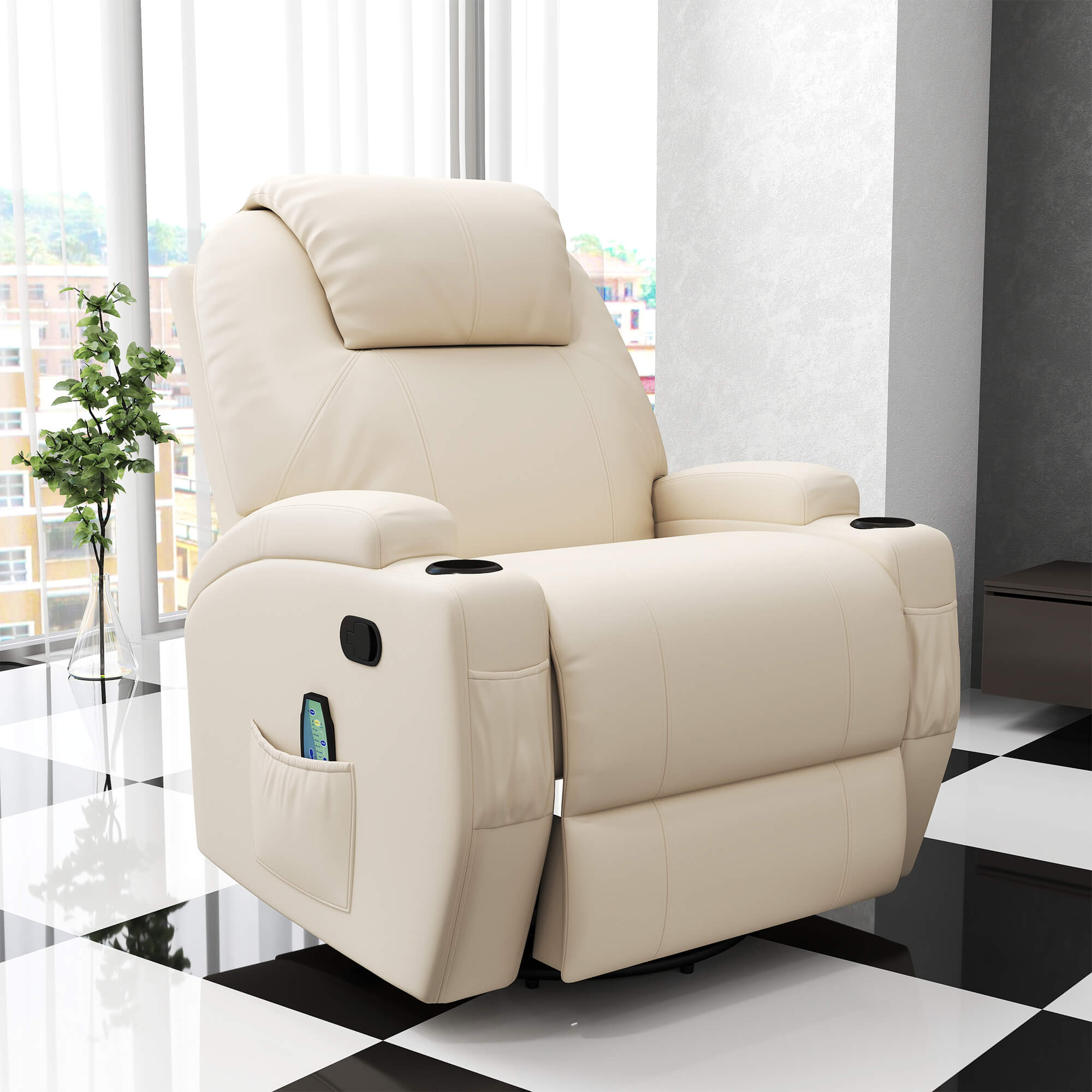 Massagesessel Elektrisch Relaxsessel Fernsehsessel Massagefunktion 5 Massage-Modi Liegefunktion Kunstleder Holz Metall Schaumstoff Cremeweiß 84 x 92 x 109 cm