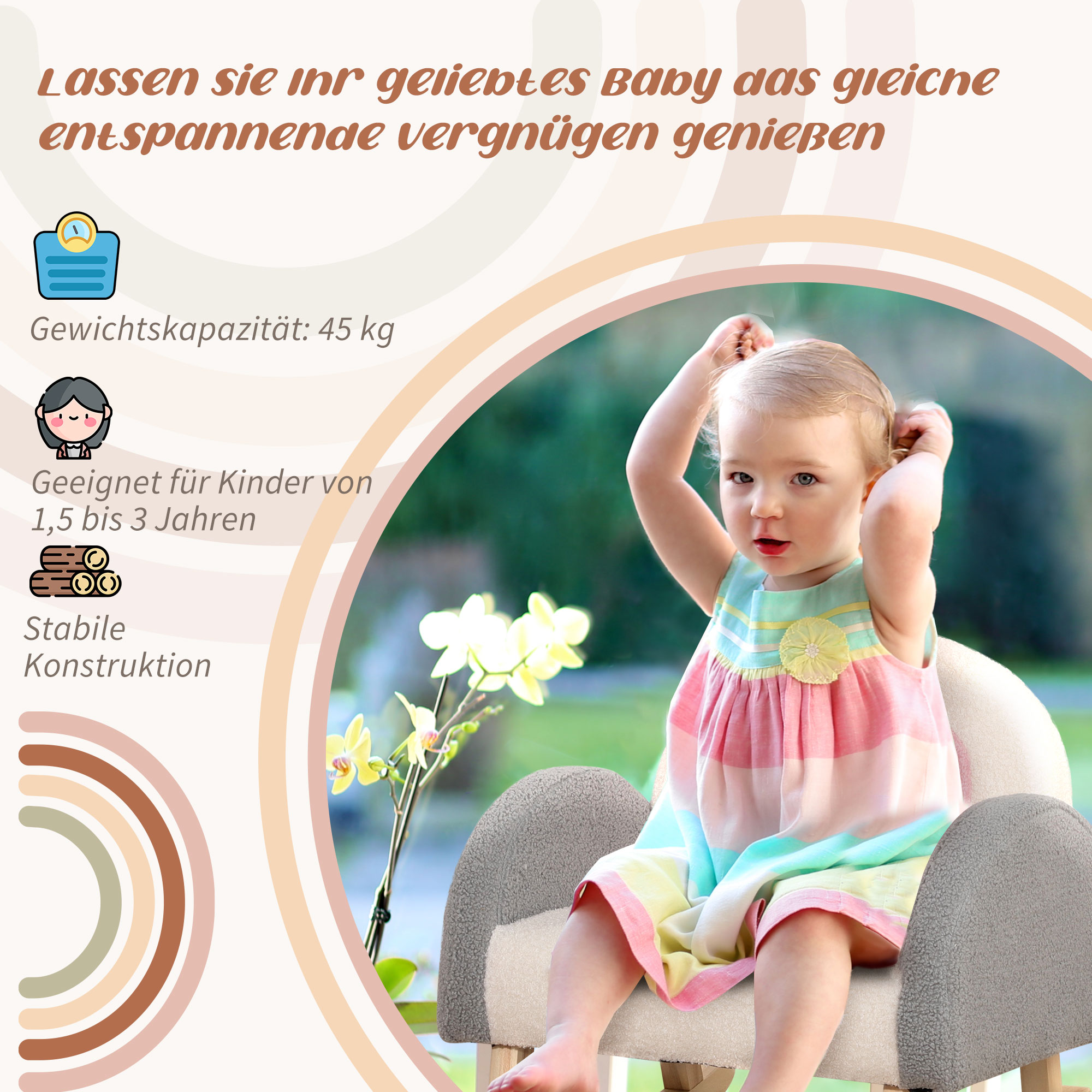 Schaukelstuhl für Kleinkinder, niedliches Design, Schaffell-Imitat, Eukalyptusholz, 50 x 45 x 44cm, grau+rosa+creme