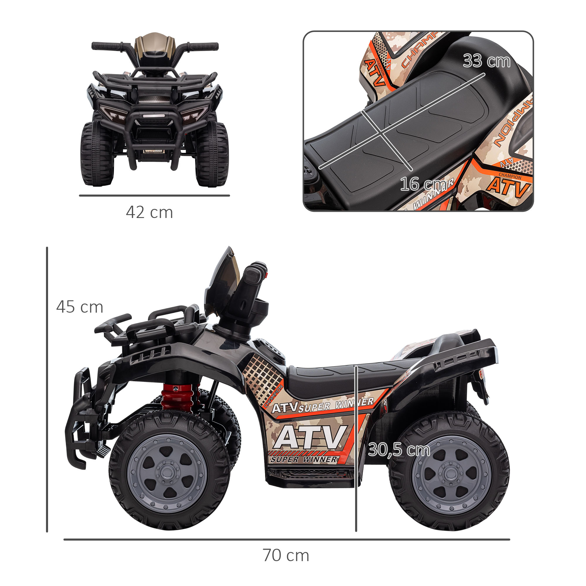 Kinder Quad Elektro 6V Kinderquad mit Vorwärtsfunktion, Musik, Elektro-Quad für Kinder 1,5-3 Jahre Schwarz