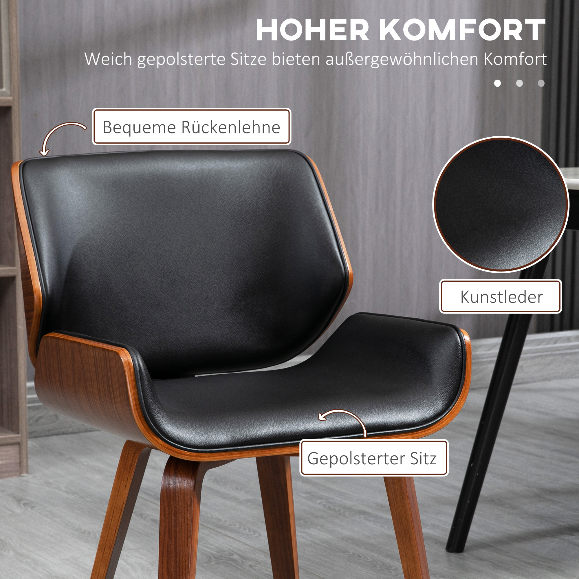 2er-Set Vintage-Esszimmerstühle, Holz, Stoffbezug, Schaumstoff, Schwarz