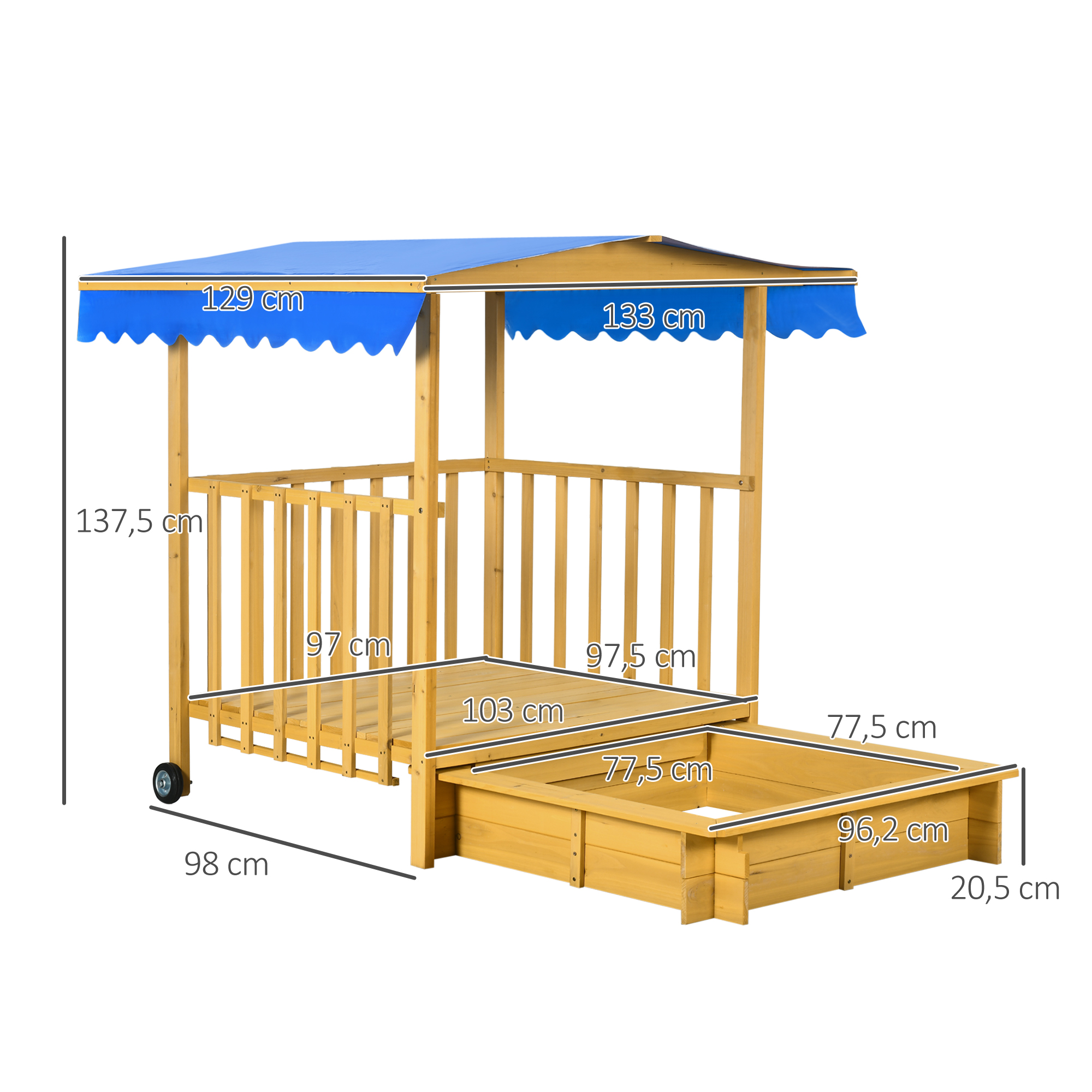 Sandkasten Sandkasten mit Spielhaus Sandkasten mit Dach, 133 x 129 x 137, 5 cm, Natur + Blau