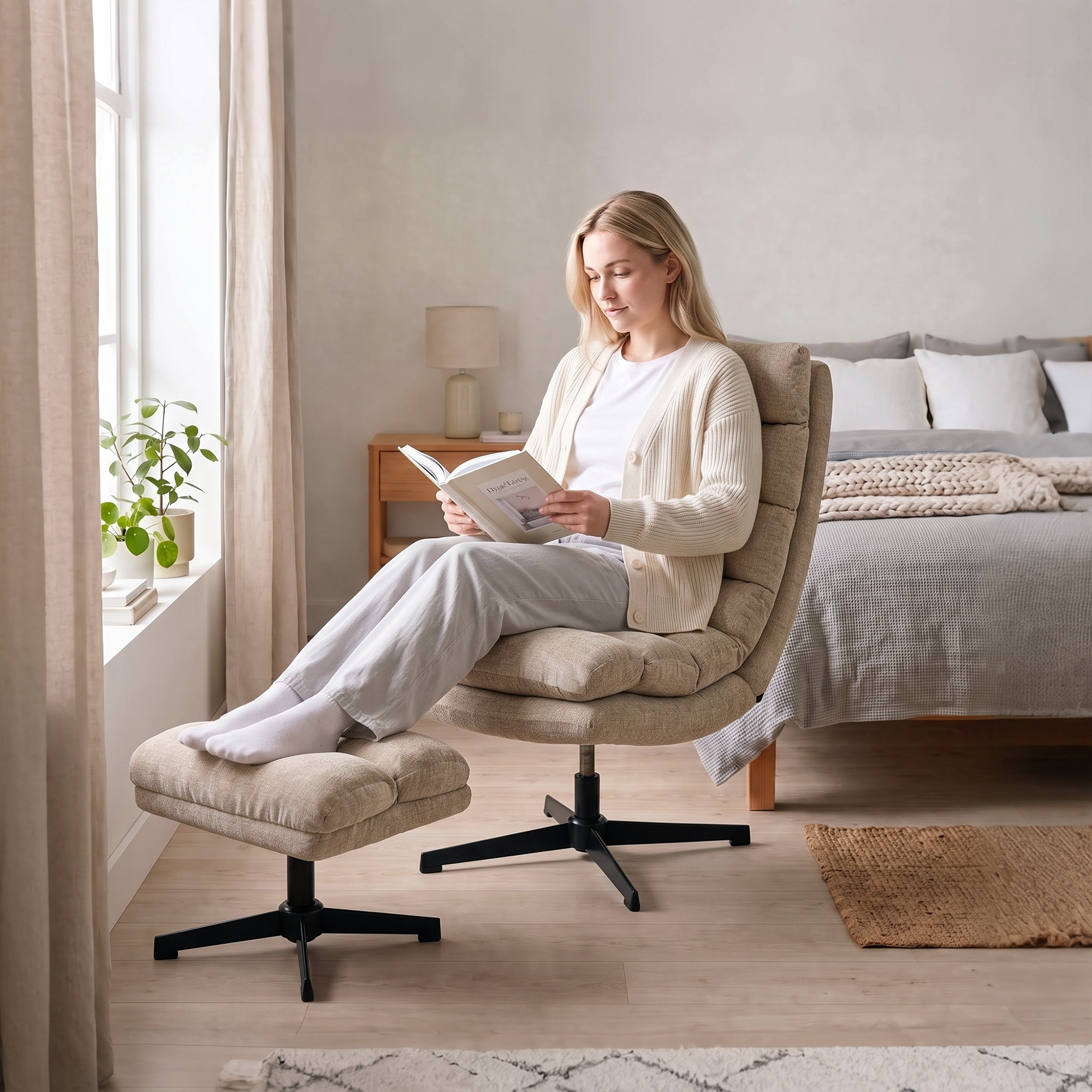 Loungesessel mit Fußhocker, drehbarer Chenille-Sessel mit höhenverstellbarem Fußhocker, dicker Polsterung und breiter Sitzfläche, Braun