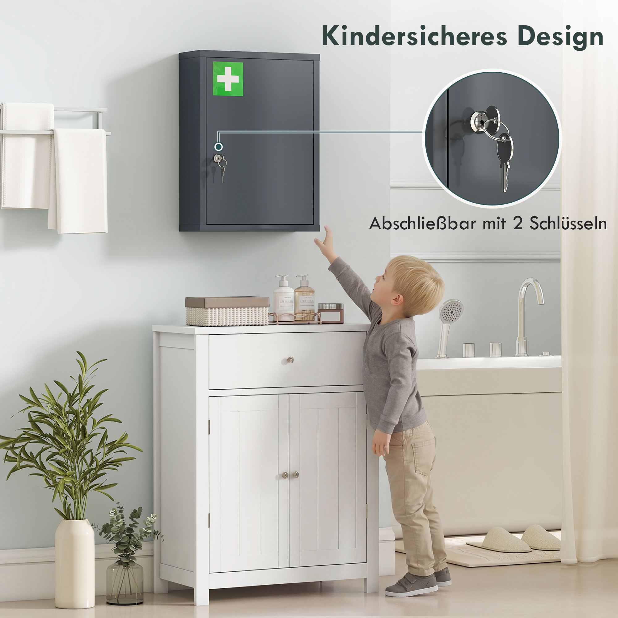 Medizinschrank zur Wandmontage mit Schloss, 3-stufiger Stahl-Wandschrank, 40 x 15 x 53,5 cm, Kohlegrau