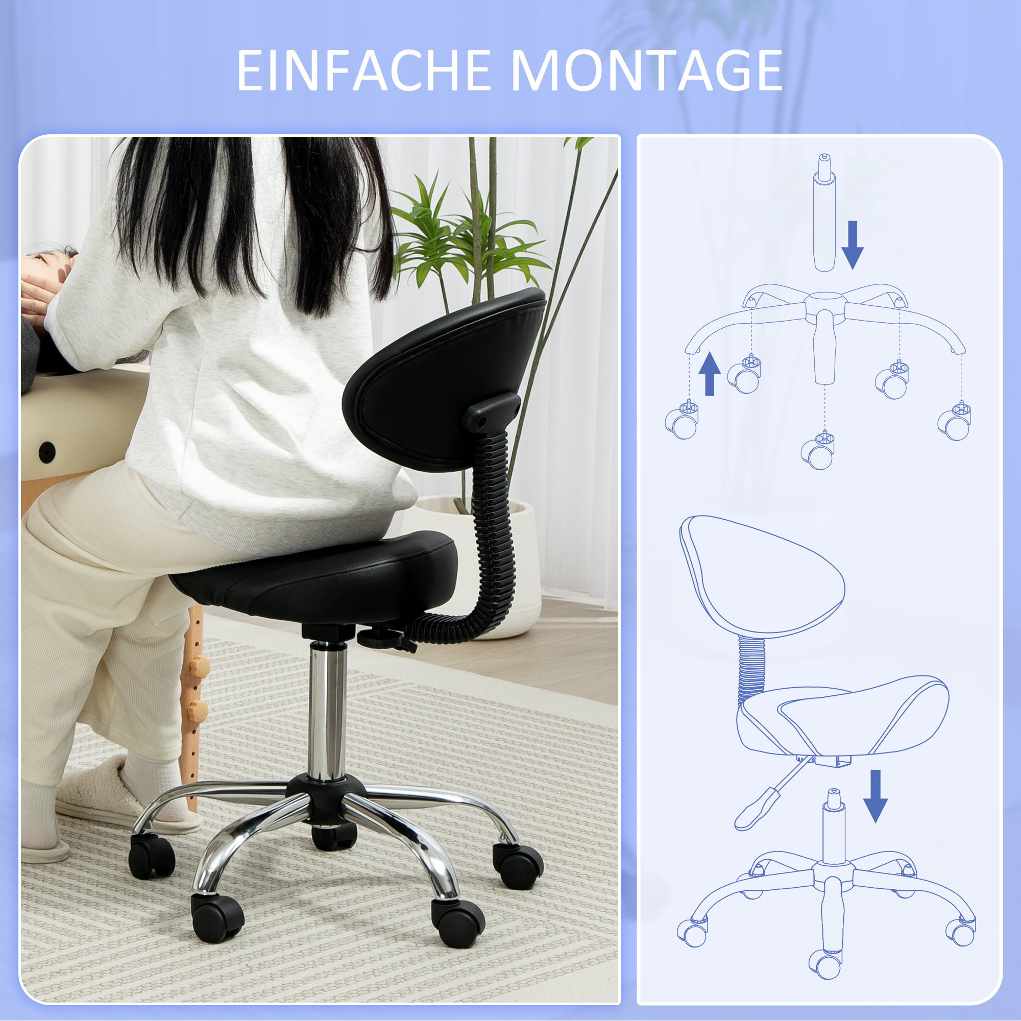 Rollhocker höhenverstellbar mit Rückenlehne Drehhocker 83-98 cm Arbeitshocker 360° drehbar für Büro Salon