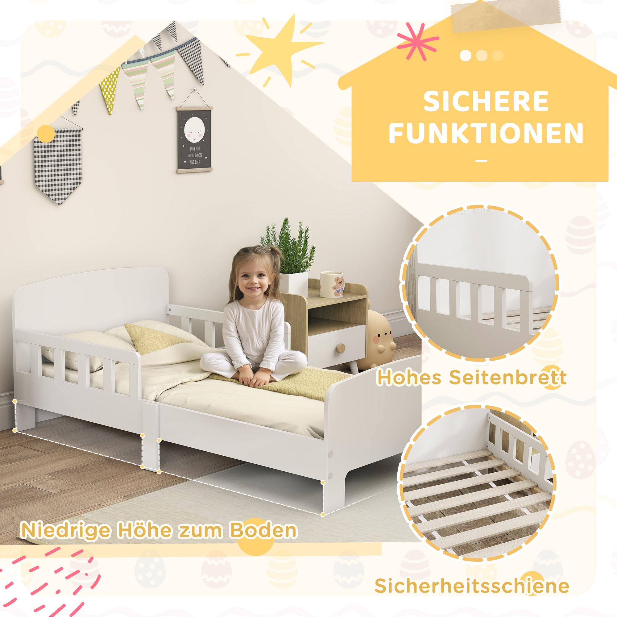 Kinderbett mit Sicherheitsschienen, Kleinkinderbett für Kinder im Alter von 3-8 Jahren, MDF, Weiß