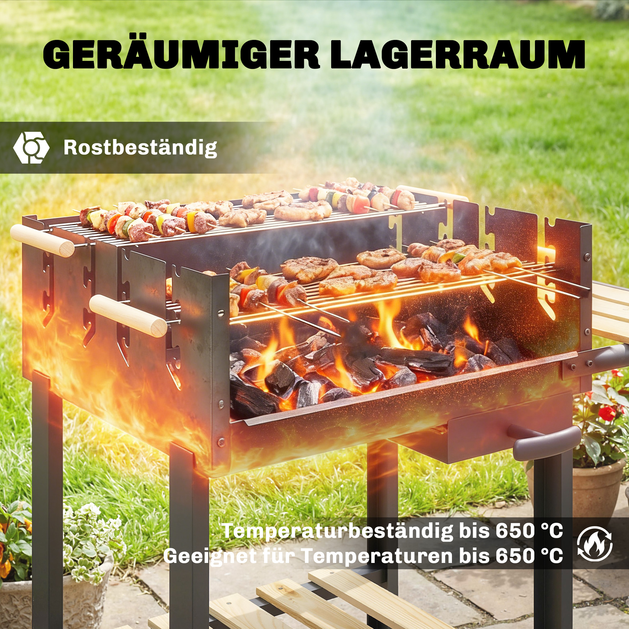Holzkohlegrill Grillwagen mit 4-fach höhenverstellbarer Grillrost 2 Holzablage 2 Räder Aschebehälter 99,5 x 58 x 82 cm