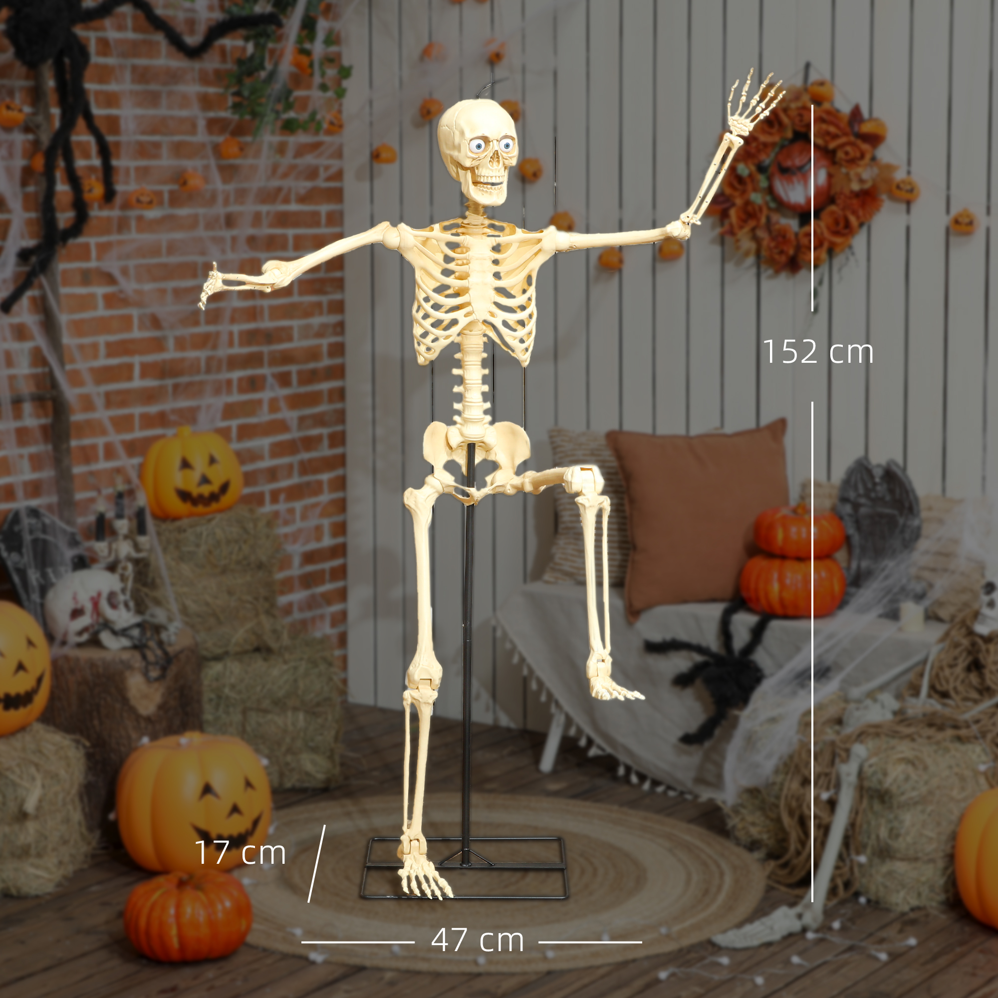 Skelett-Figur, Halloween-Dekoration, bewegliche Arme und Beine, Geräusch-Aktivierung, leuchtende Augen, Batteriebetrieb, 152 cm, Metall, Kunststoff, Gelb