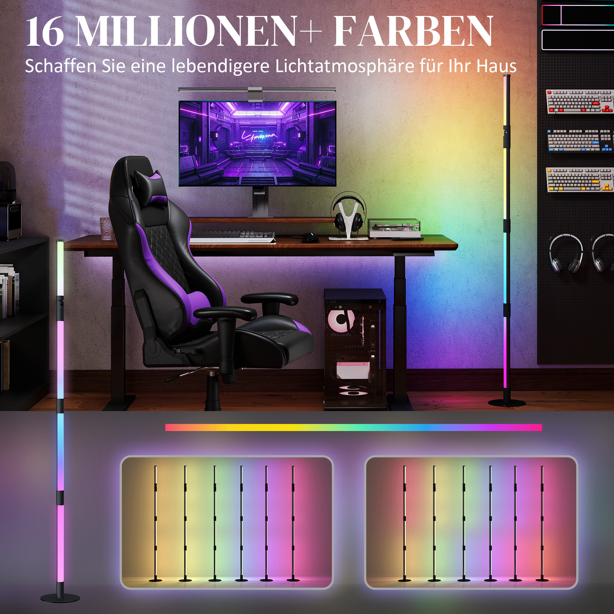 LED-Stehlampe, Standfußlampe mit Fernbedienung und verschiedenen Farben, Timer, App, Musik-Synchronisation, Dunkelgrau
