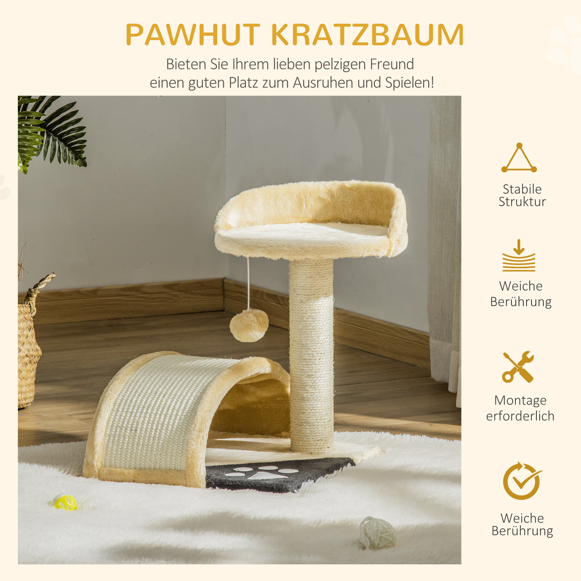 Kratzbaum Katzenbaum mit Spielbällen Katzenkratzbaum Sisalseil-Kratzstangen Beige 35,5 x 37 x 46 cm