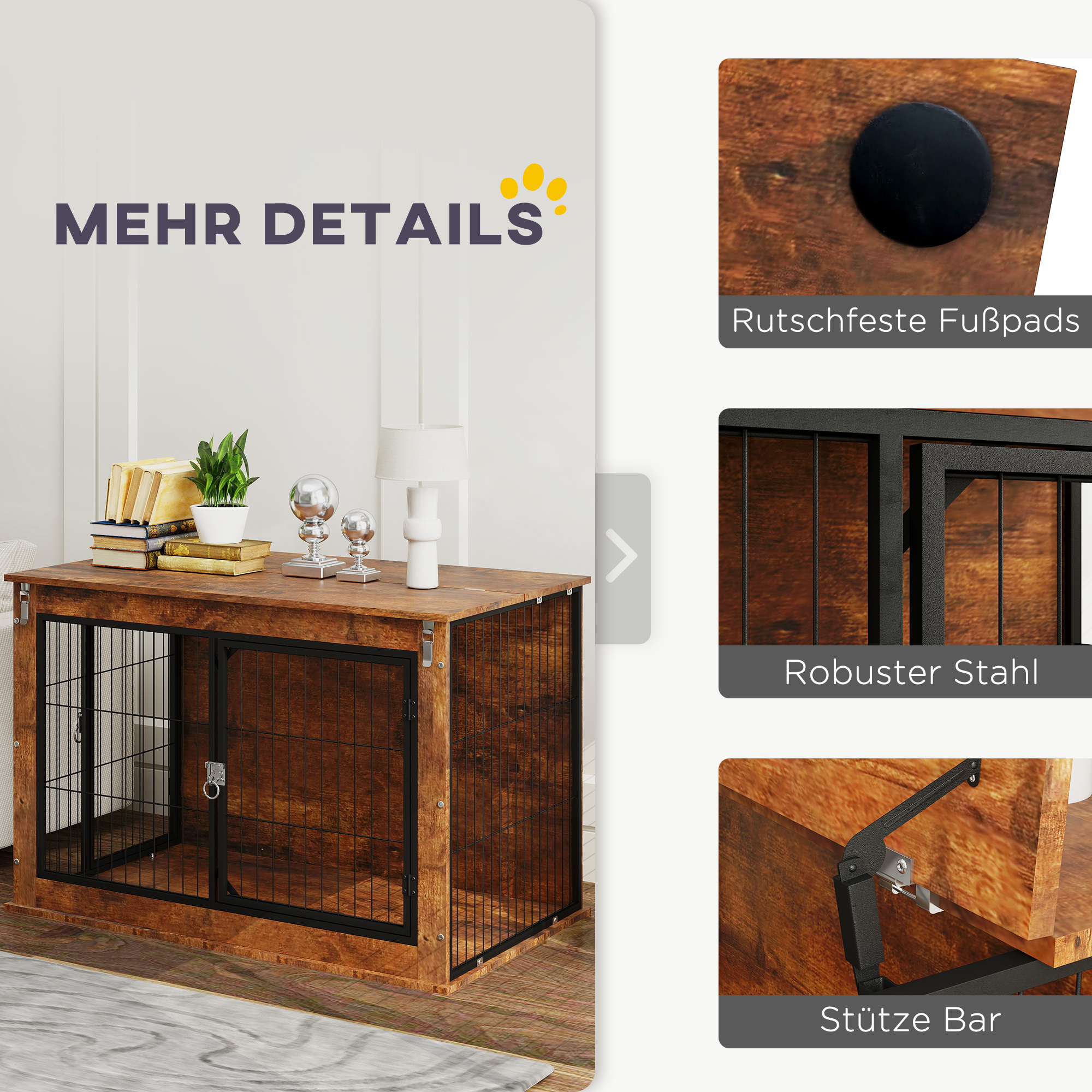 Hundebox, Transportbox für Hunde, Aufenthaltsbox, für Haustiere, 2 verschließbare Türen, 98 x 60 x 65,5 cm, Braun