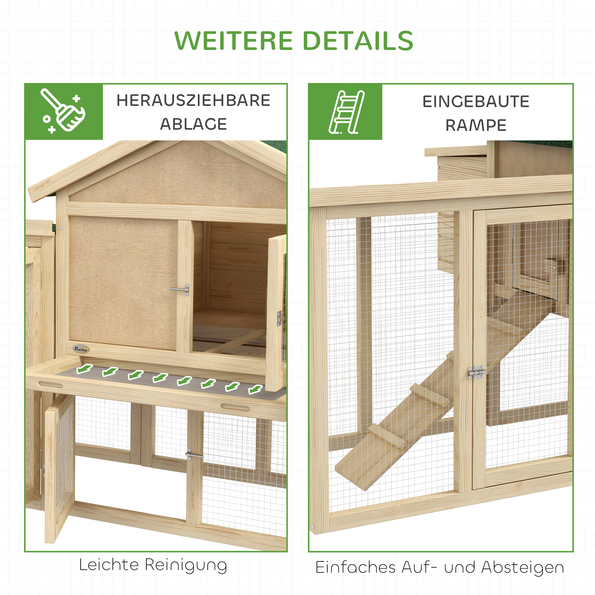 Hühnerstall mit Freigehege, inkl, Nistkasten, Rampe und Bodenwanne Tannenholz Naturholz