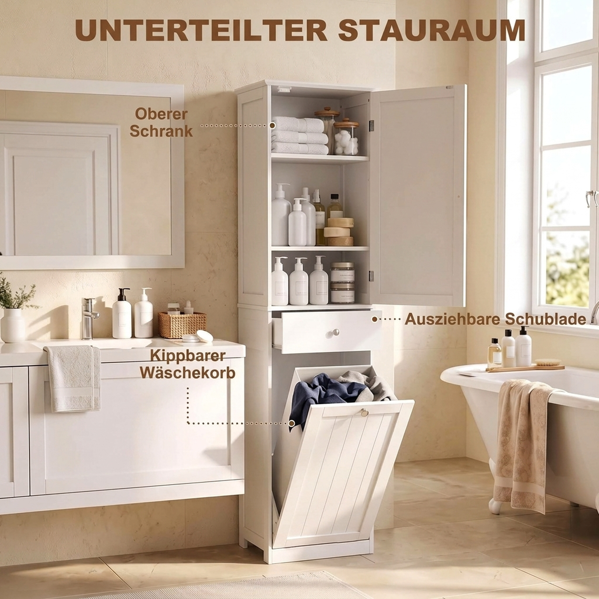 Hochschrank Badezimmer mit Kippbarem Wäschefach Badschrank Schmal 180cm Weiß