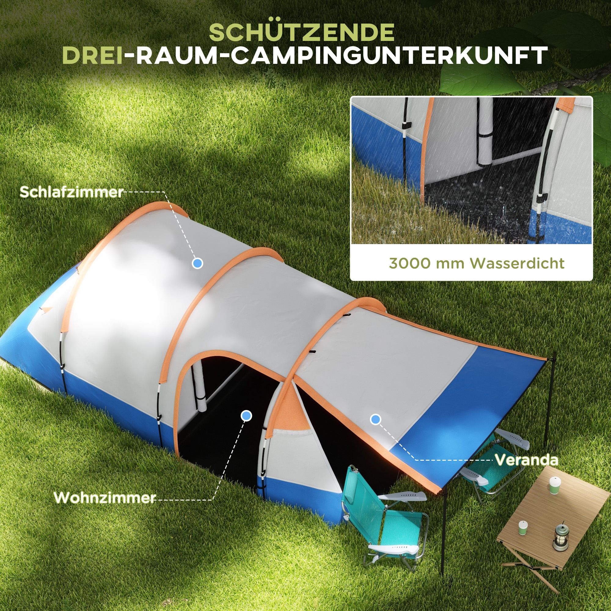 Campingzelt, für 3 Personen, Laternenhaken, drei Eingänge, wasserdicht, Orange