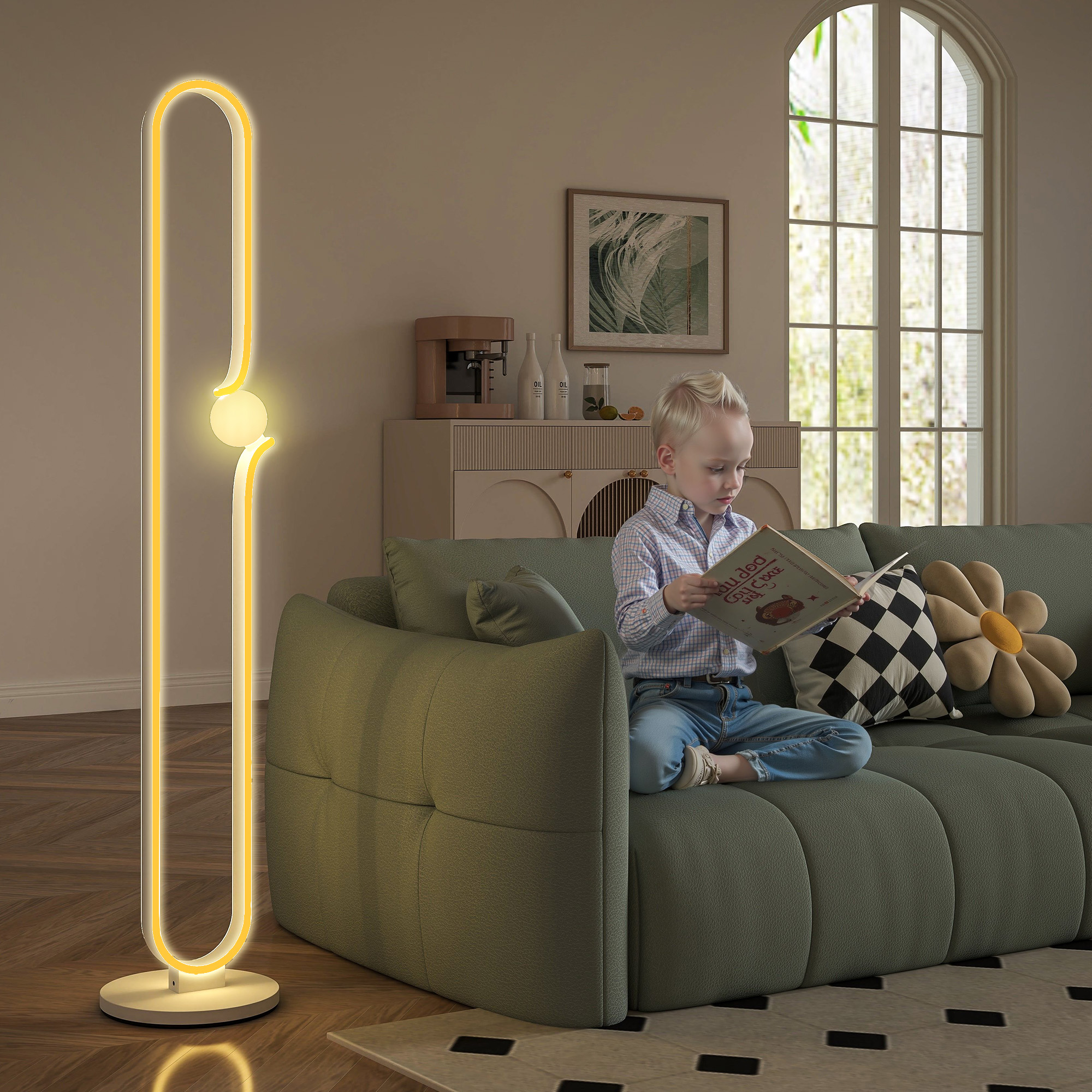 LED-Bodenlampe, Musiknoten-Design, Glasschirm, Metall, Kunststoff, Weiß
