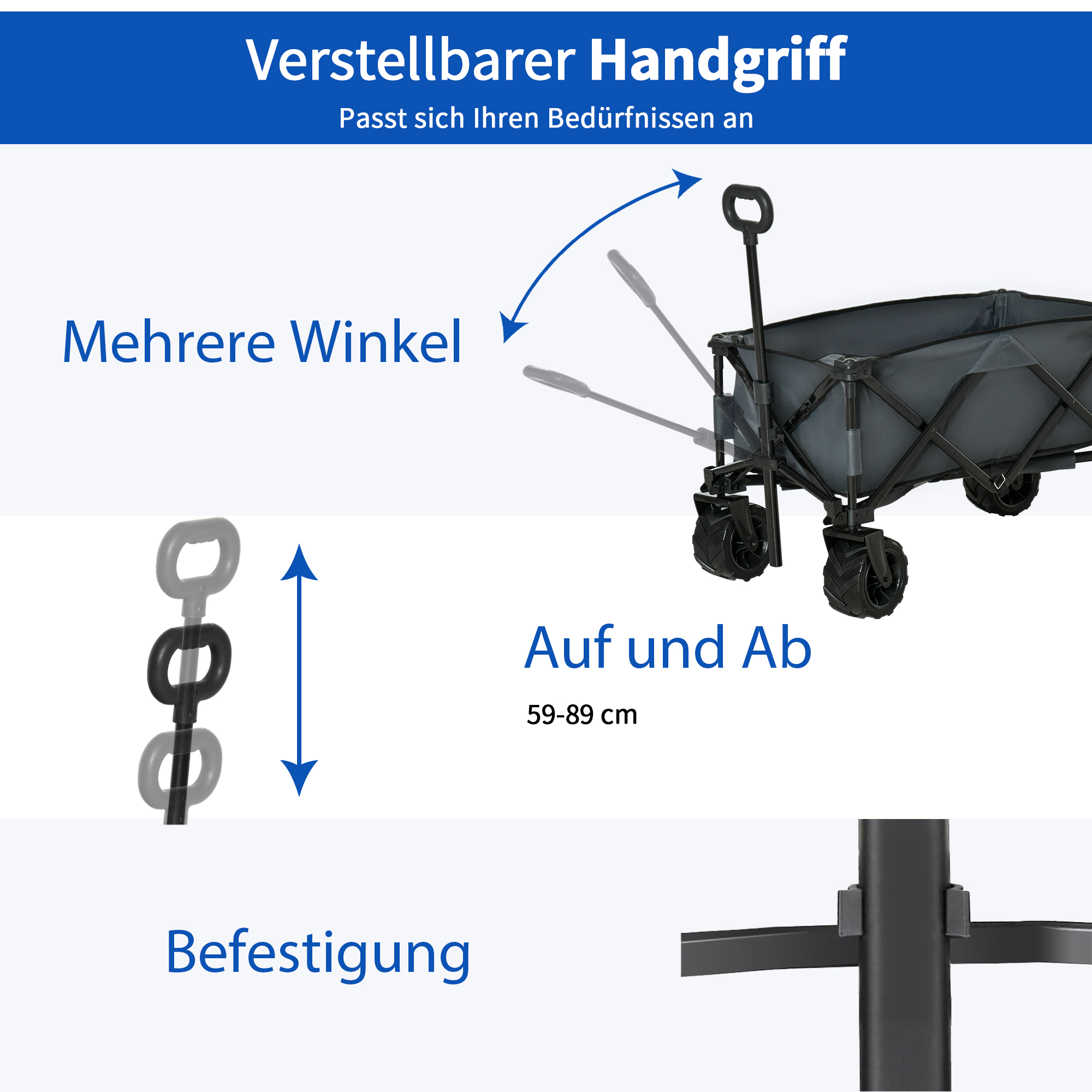 Bollerwagen Faltbarer Handwagen 360° Gartenwagen Transportwagen mit  Teleskop Griff Verstellbarer Griffhöhe Strandwagen bis 70 kg Tragkraft Metall Oxford Dunkelgrau 108 x 55 x 59-89 cm