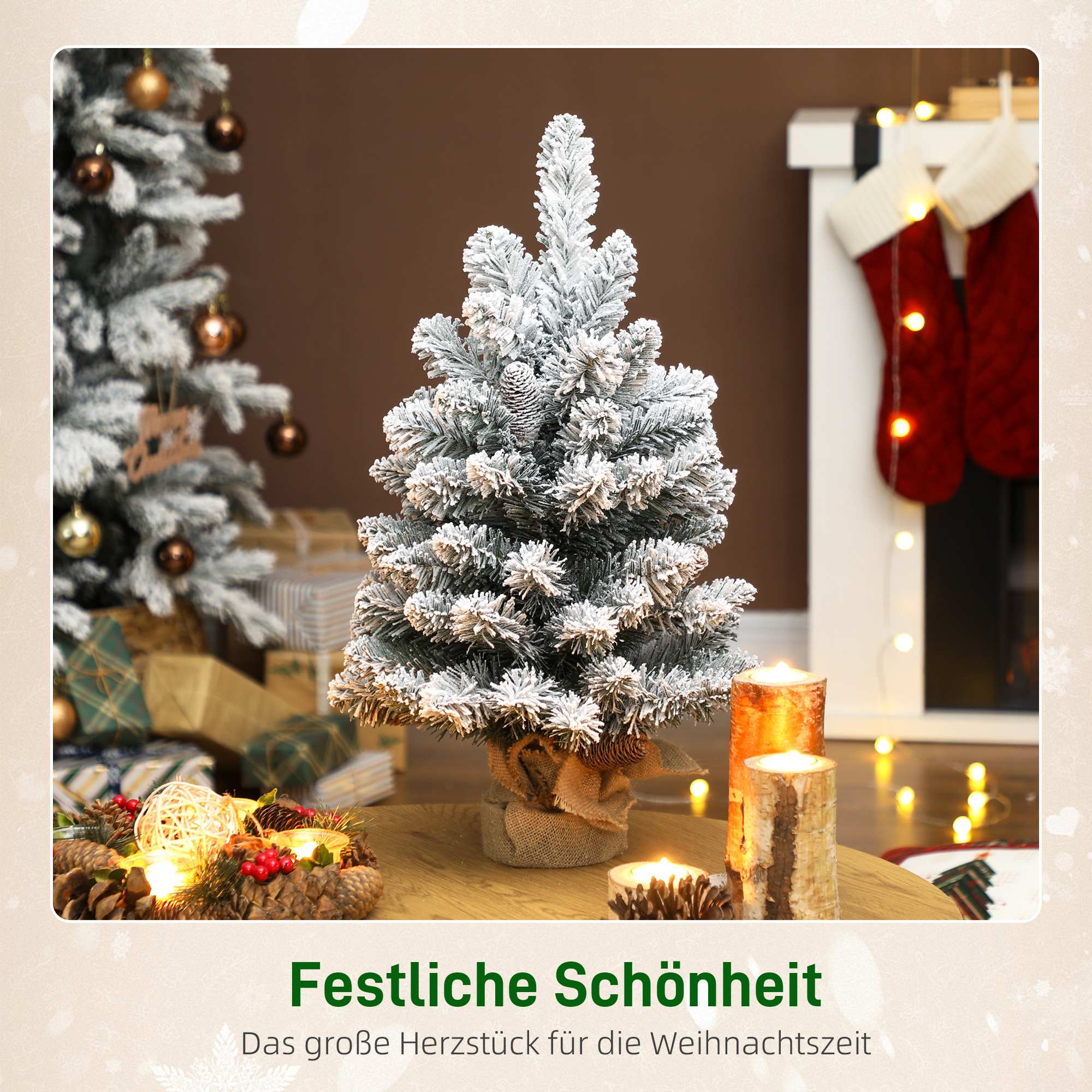 Mini Künstlicher Weihnachtsbaum 60 cm Tannenbaum künstlich mit Schnee, 72 Spitzen 6 Tannenzapfen Zementbasis