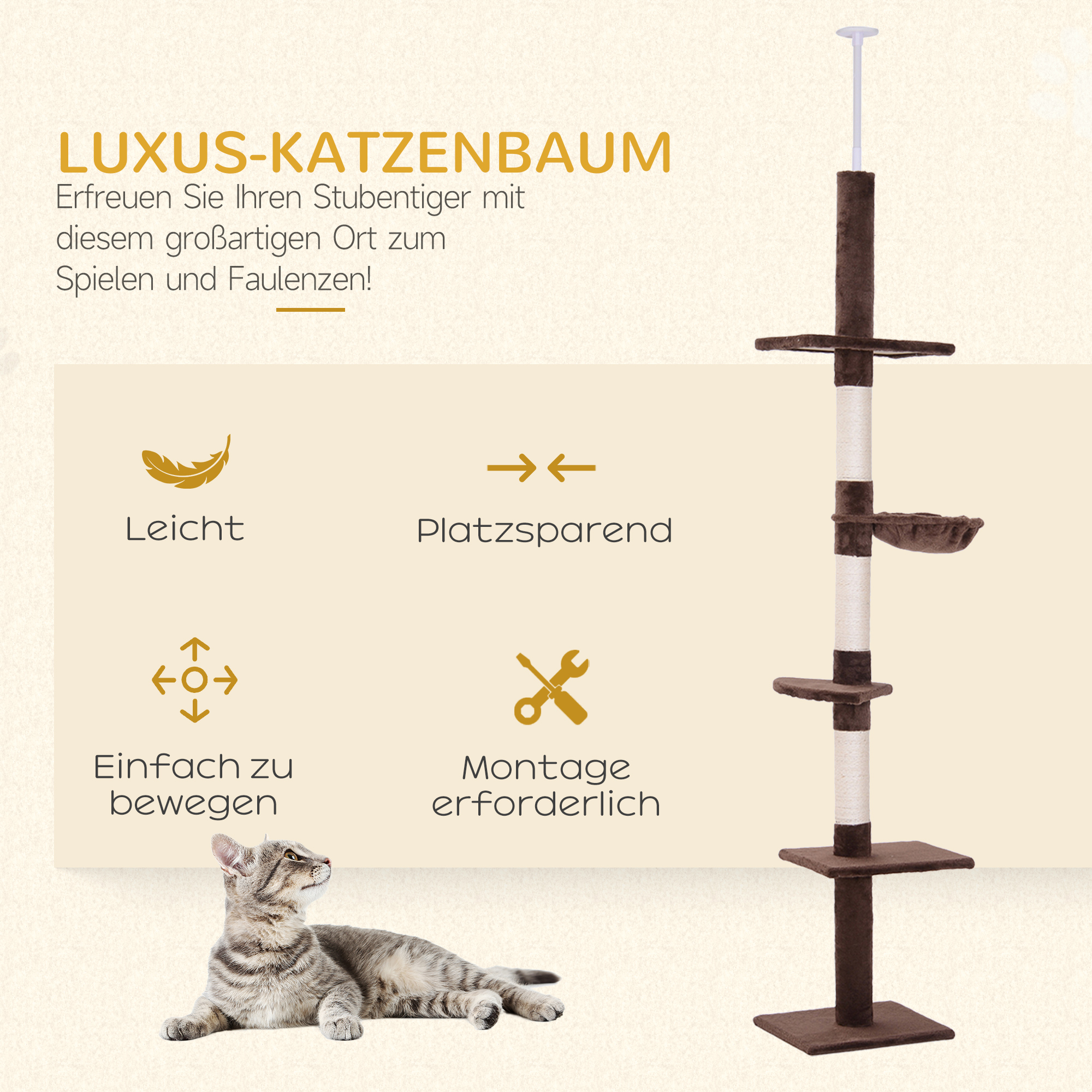 Kratzbaum Deckenhoch höhenverstellbar, stabiler Katzenbaum mit Sisalsäulen, Katzen Kletterbaum, Braun, 40 x 34 x 230-260 cm
