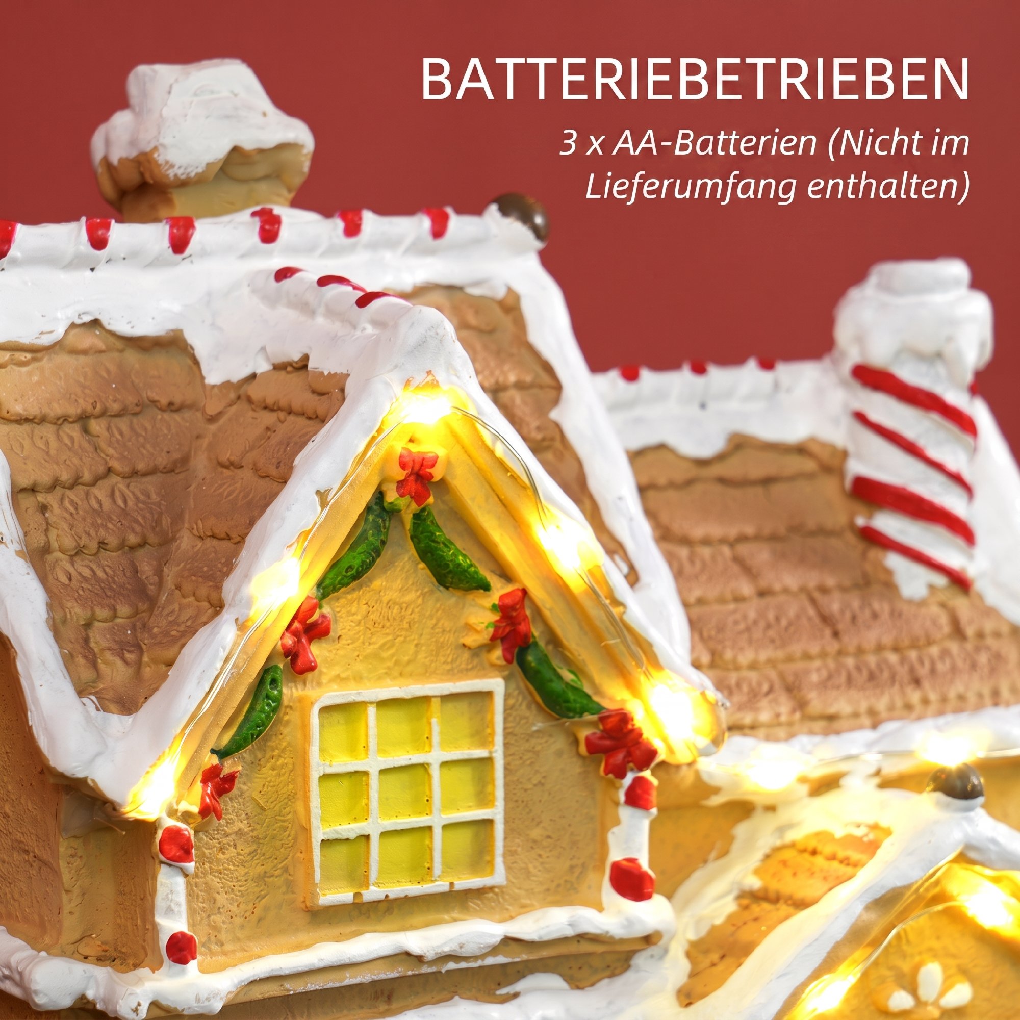 Lebkuchenhaus mit LED-Lichtern und Musik, Weihnachtshaus Winterlandschaft mit Lebkuchenmann, für Weihnachten, Braun