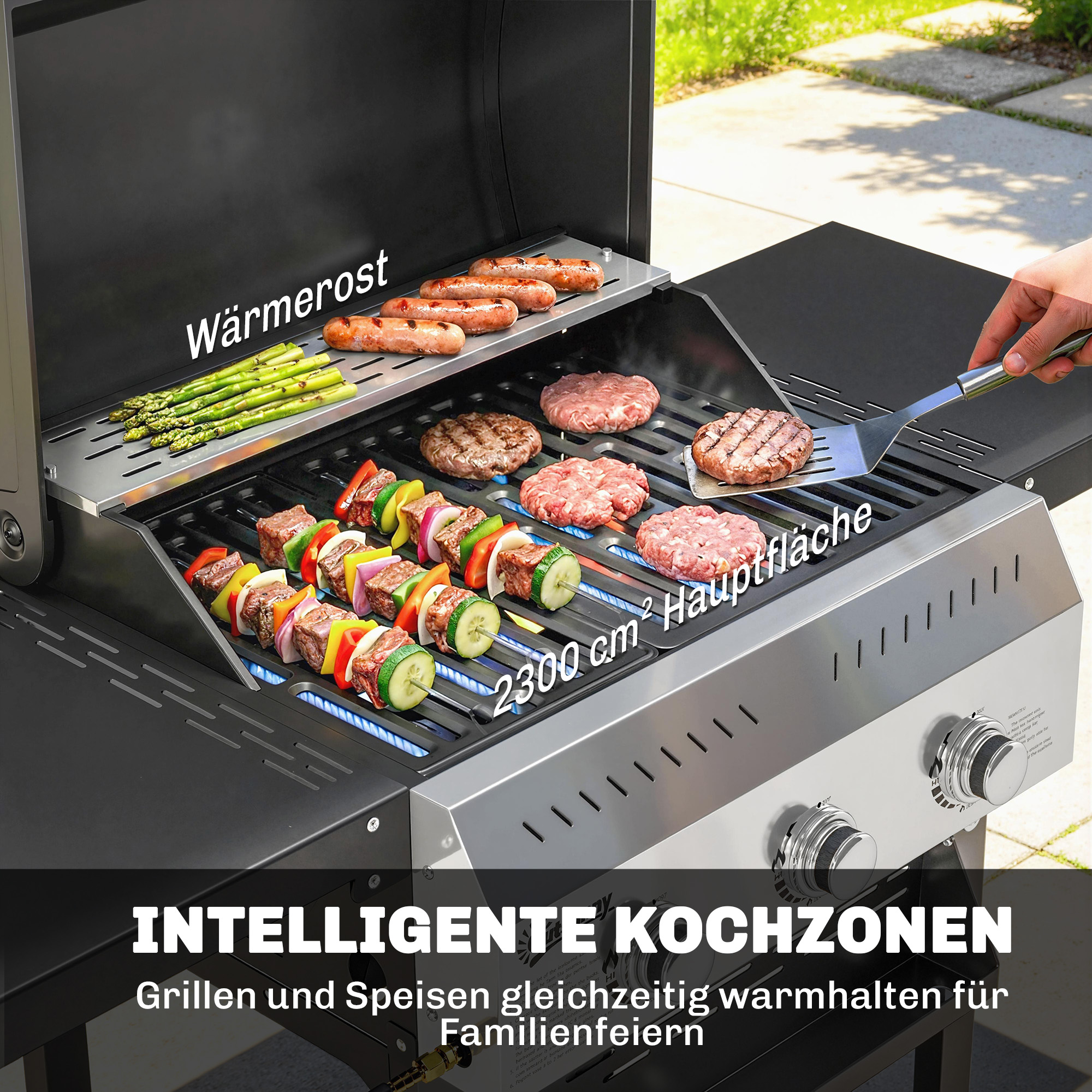 Gasgrill 9 KW 3 Brenner BBQ Grillwagen Edelstahl inkl klappbar Seitentisch Gewürzhalter Unterregal 6 Haken