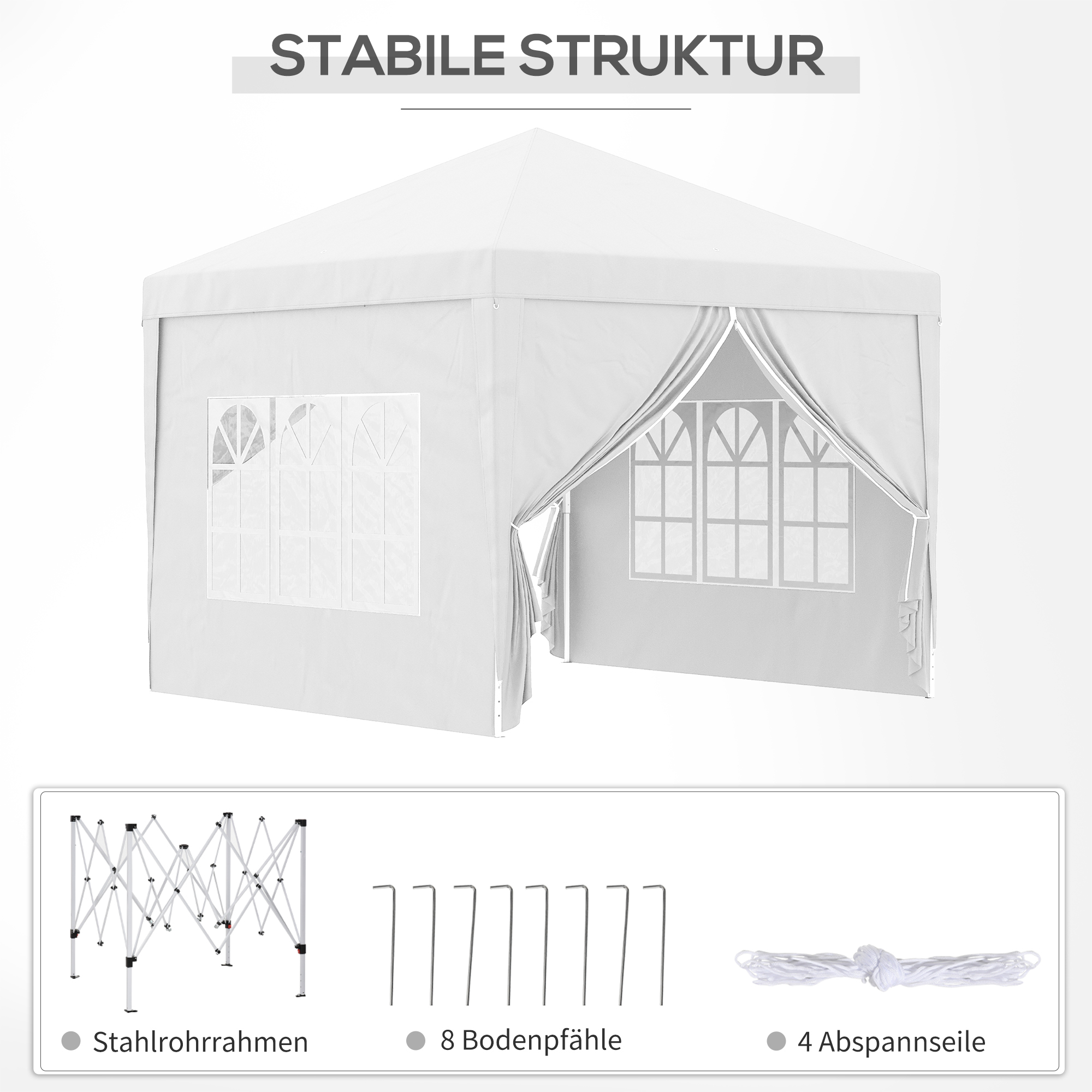 3 x 3 m Pavillon mit 4 Seitenwänden, Fenster, Festzelt mit UV-Schutz, Gartenzelt inkl. Tragetasche, Stahl, Weiß