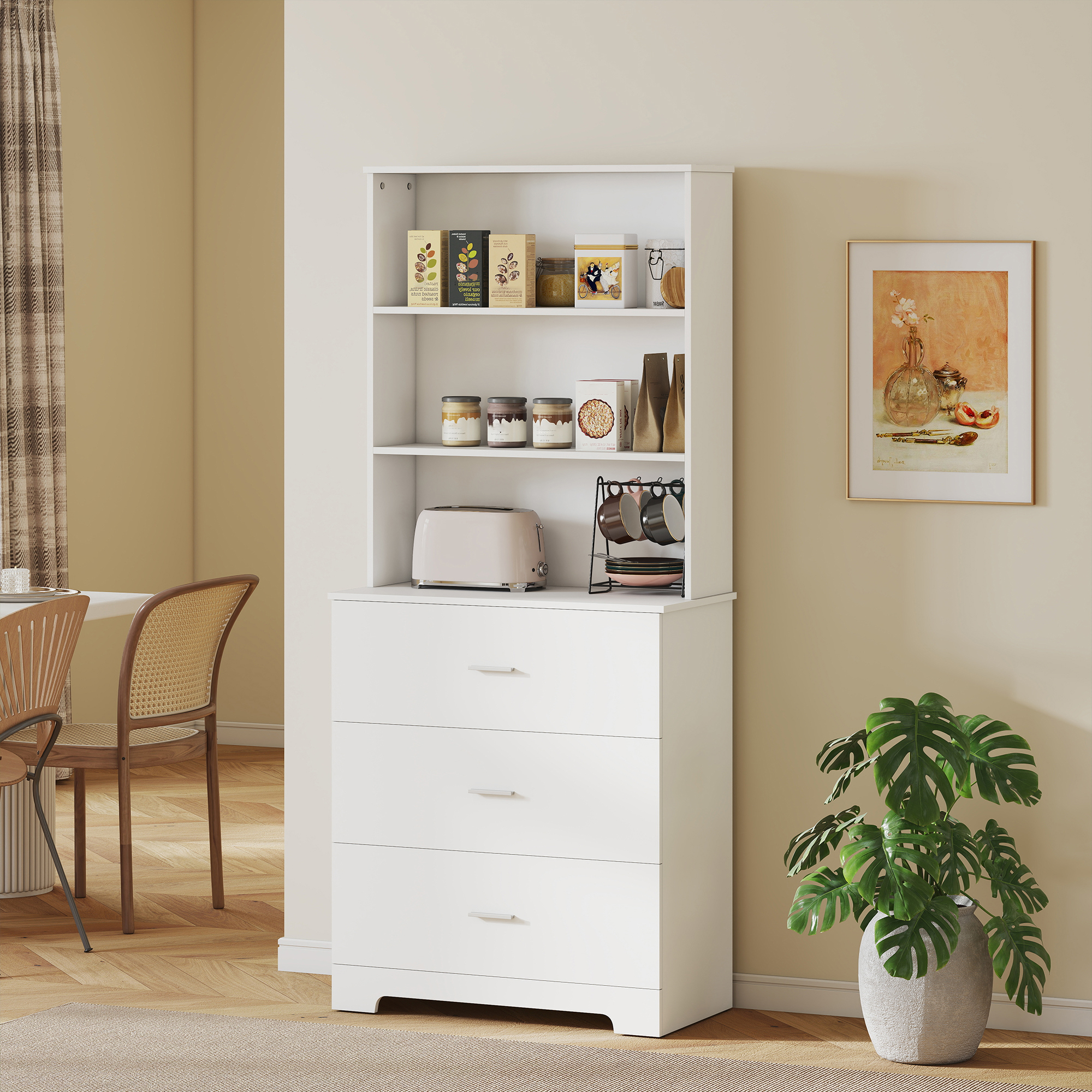 Bücherschrank Hochschrank Vitrinenschrank mit 3 Schubladen, 3 offen Regalen, für Wohnzimmer Küche, 79x39,5x180 cm, Weiß