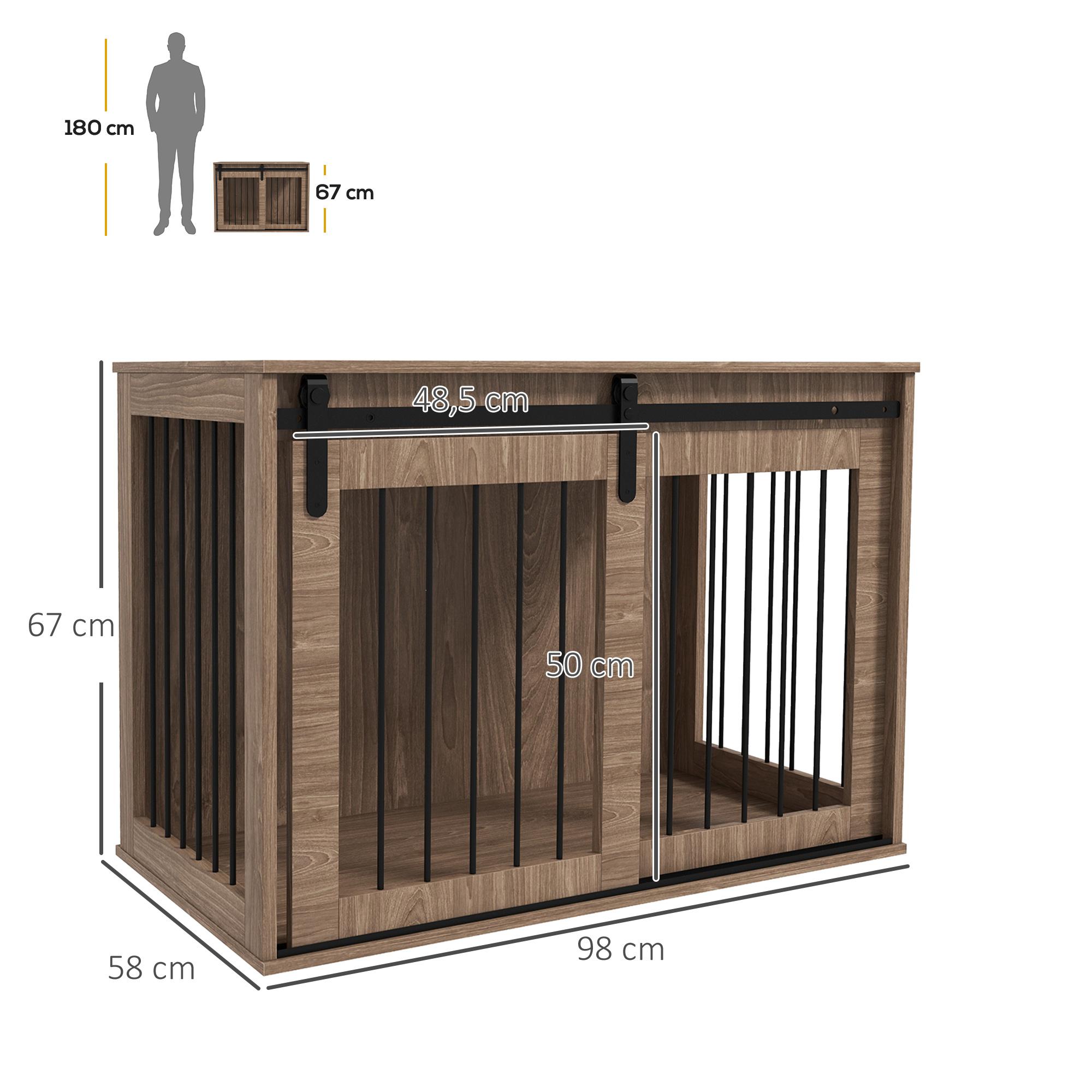 Hundebox Hundekäfig, Verriegelbar, Holzoptik, rustikales Design, 98 cm x 58 cm x 67 cm, Walnuss + Schwarz