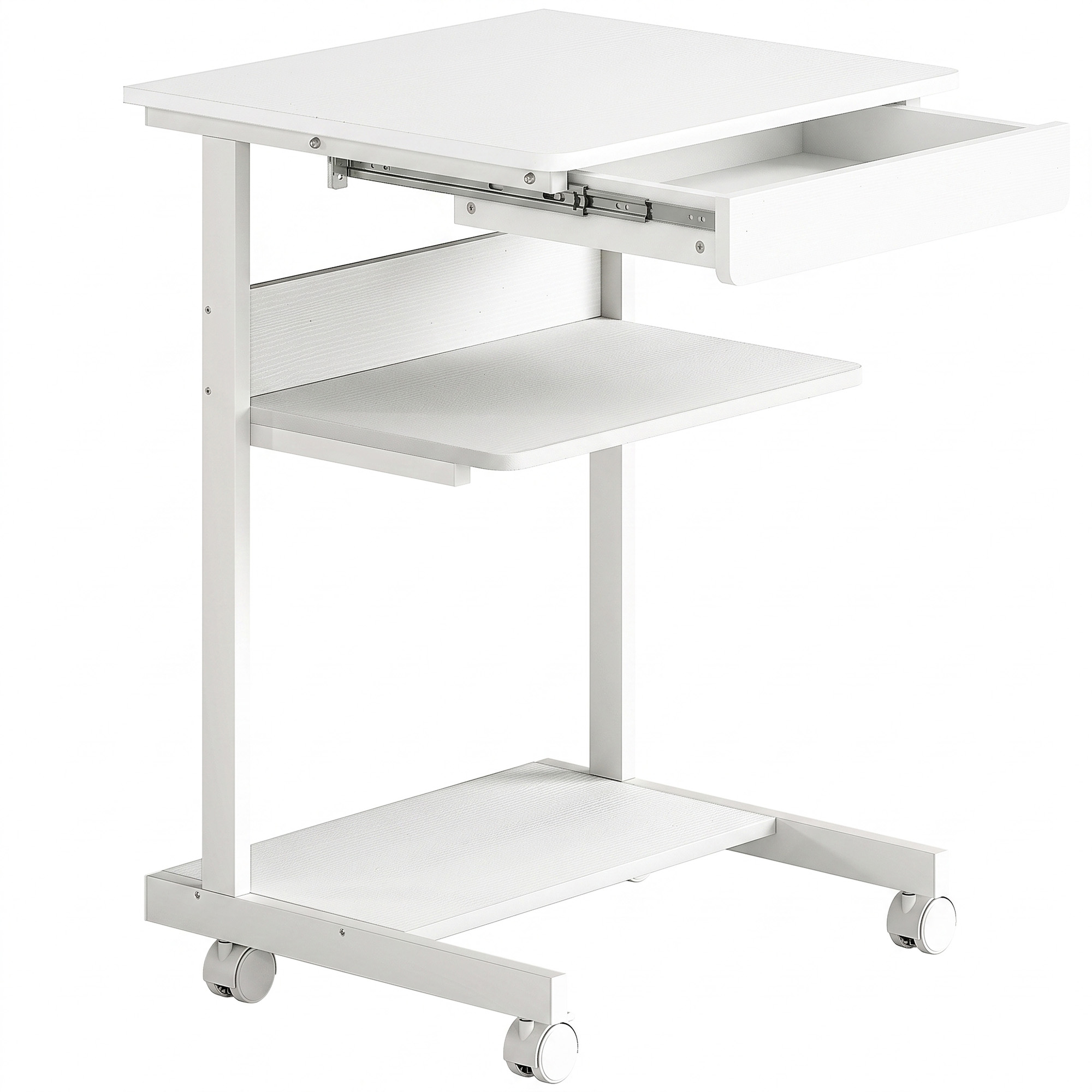 Roll-Schreibtisch mit Schublade und Regalen, 4 Räder, kompakt, Spanplatte, Metall