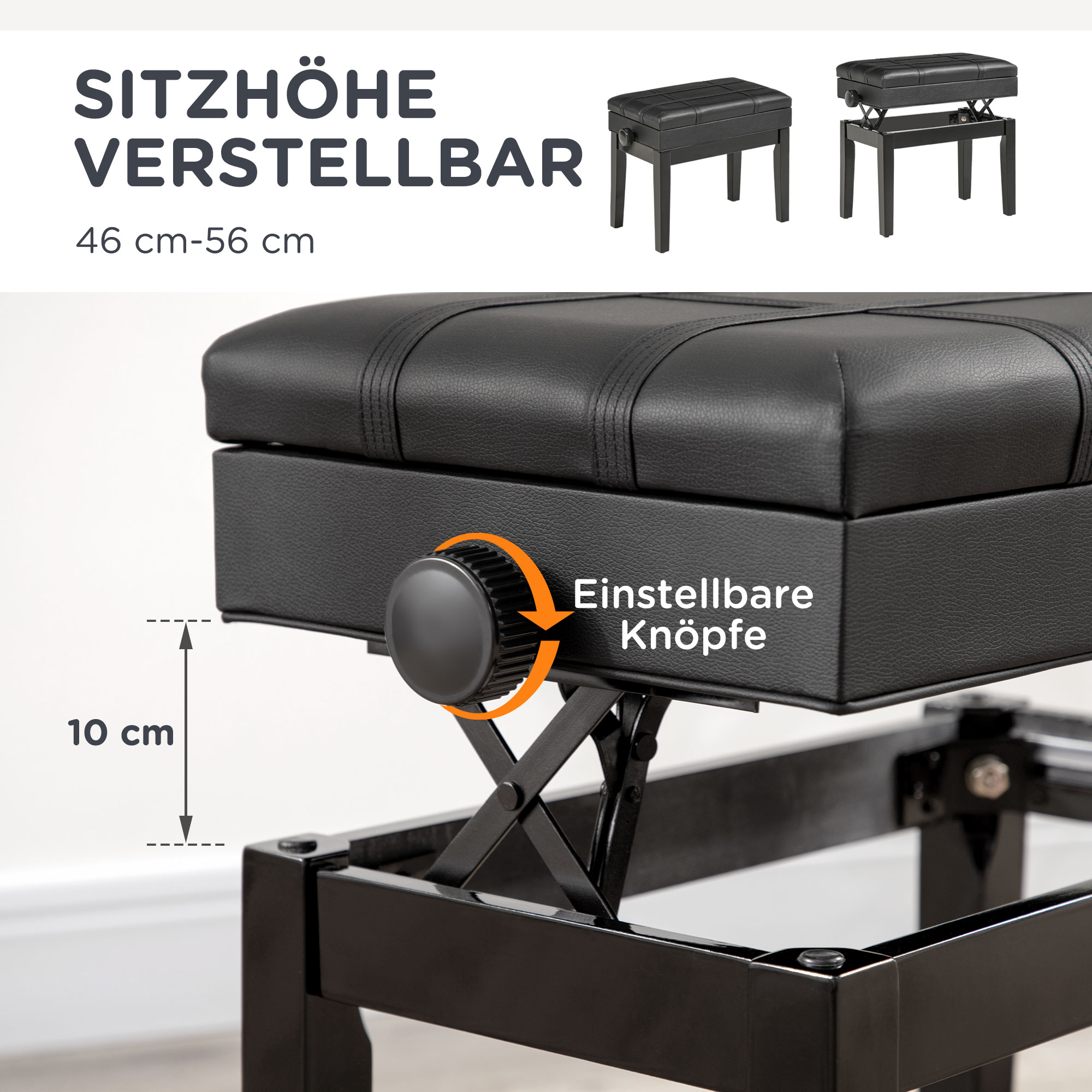 Klavierbank mit versteckten Stauraum, Sitzhocker, höhenverstellbar, Kunstleder, Schwarz