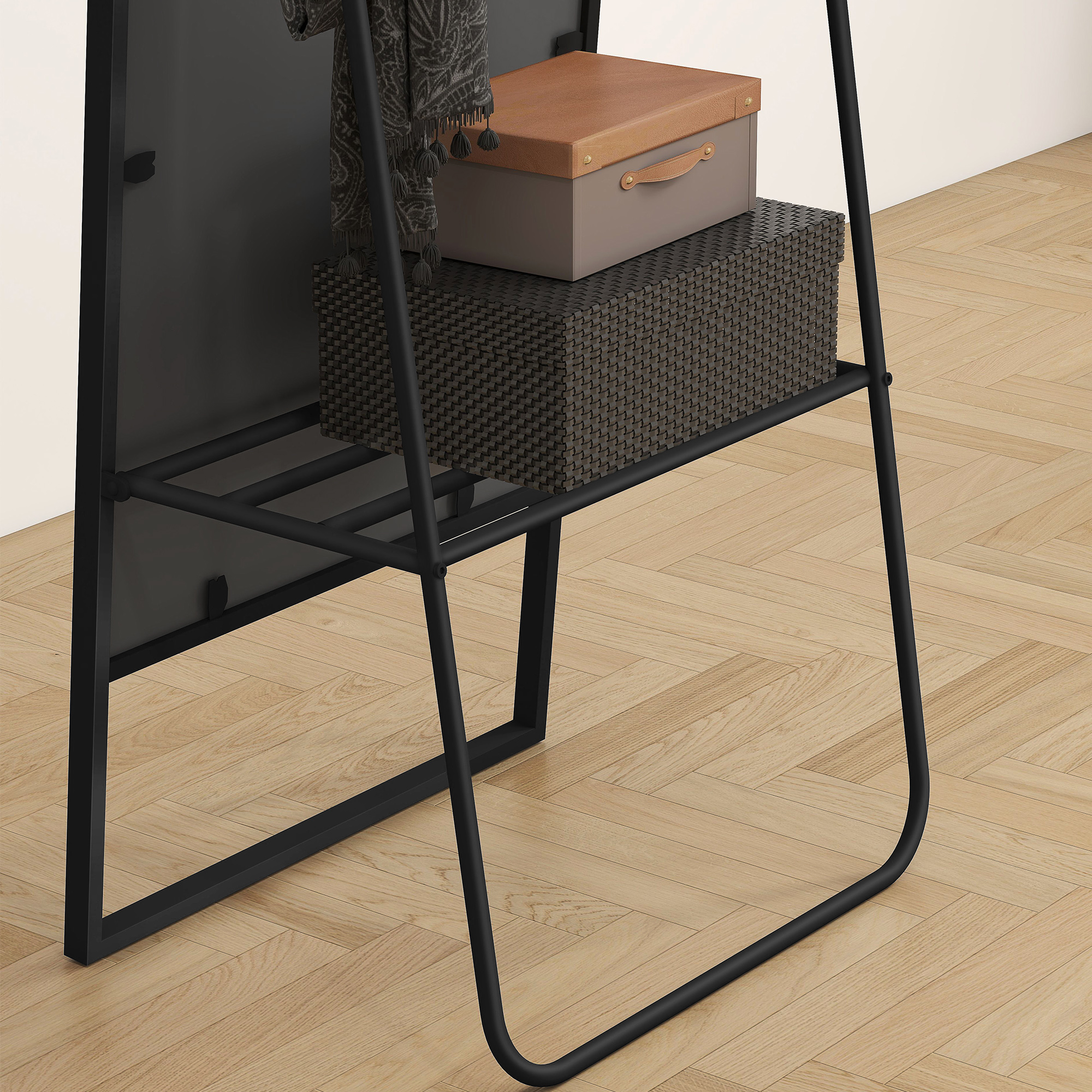 Ganzkörperspiegel, industrielles Design, hinteres Regal, 2 Haken, Metallrahmen, für Schlafzimmer, 157 x 50 cm, Schwarz