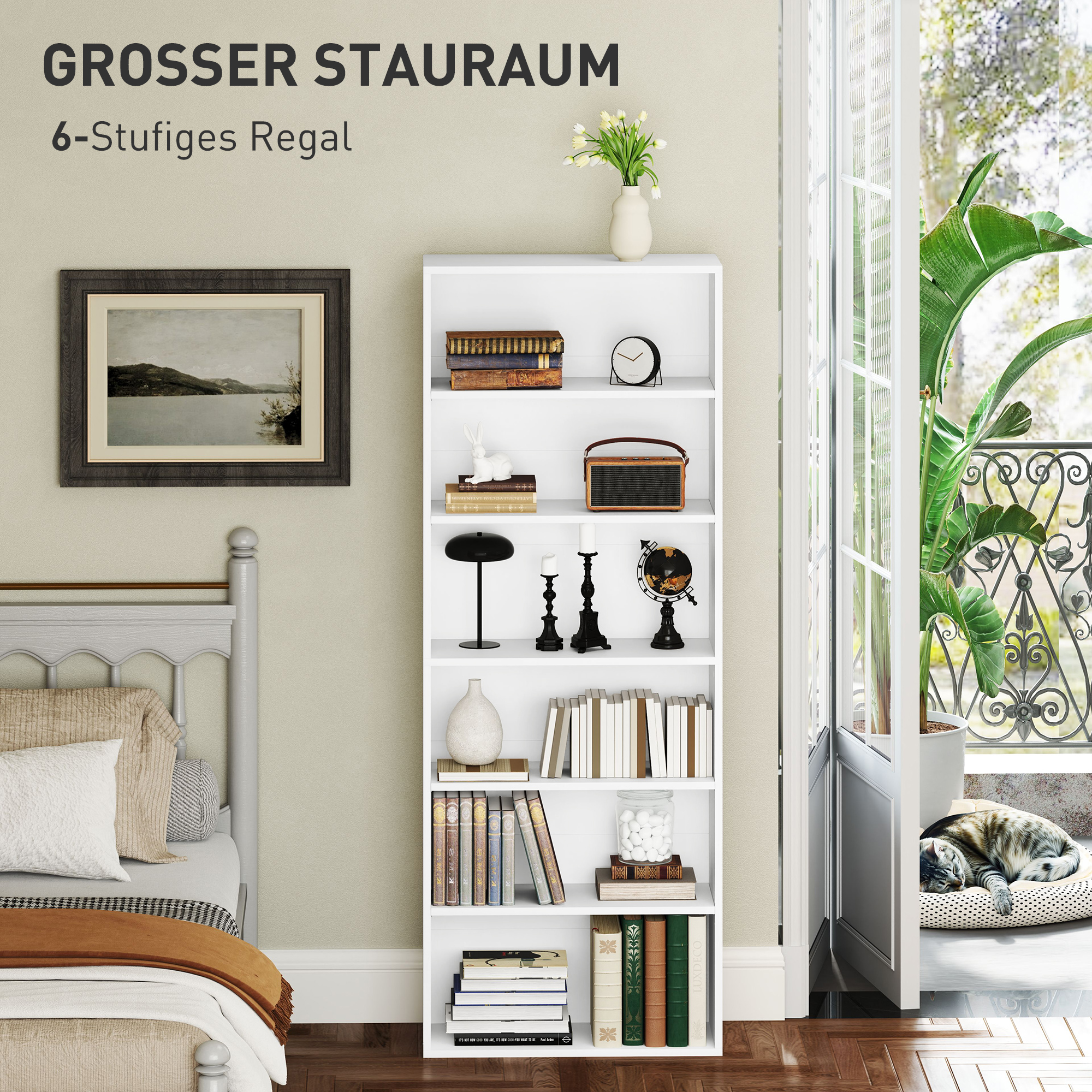 Bücherregal, 6 Fächer, verstellbare Regale, Spanplatte, 60 x 24 x 158,5 cm, Weiß