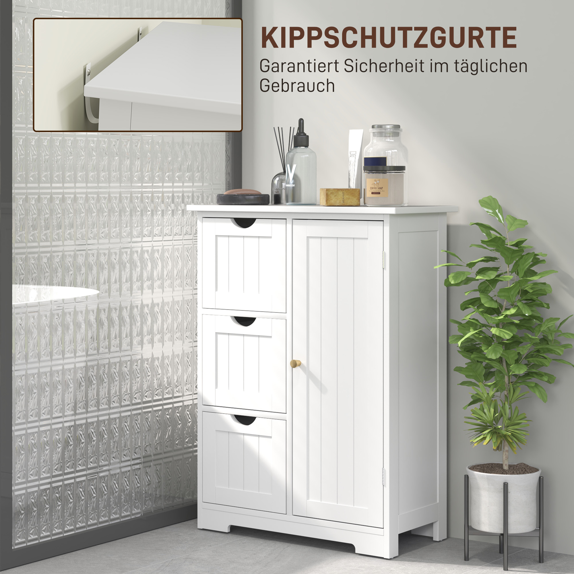 Badezimmerschrank, Badkommode, 3 Schubladen, Regal, MDF, Weiß