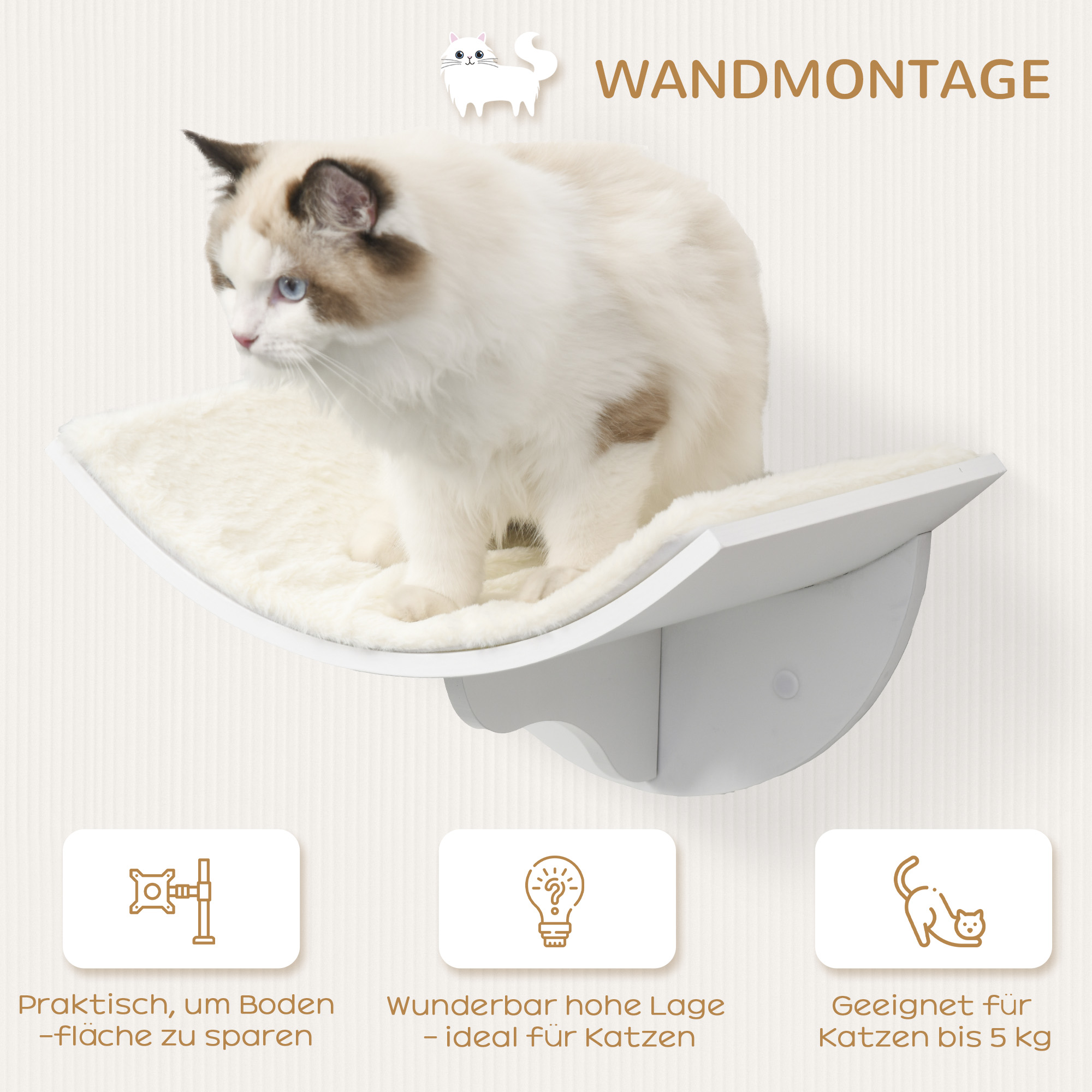 Katzenregal, Wandmontage, weiche Liegefläche, bis 10kg, 41x28x21cm, Weiß