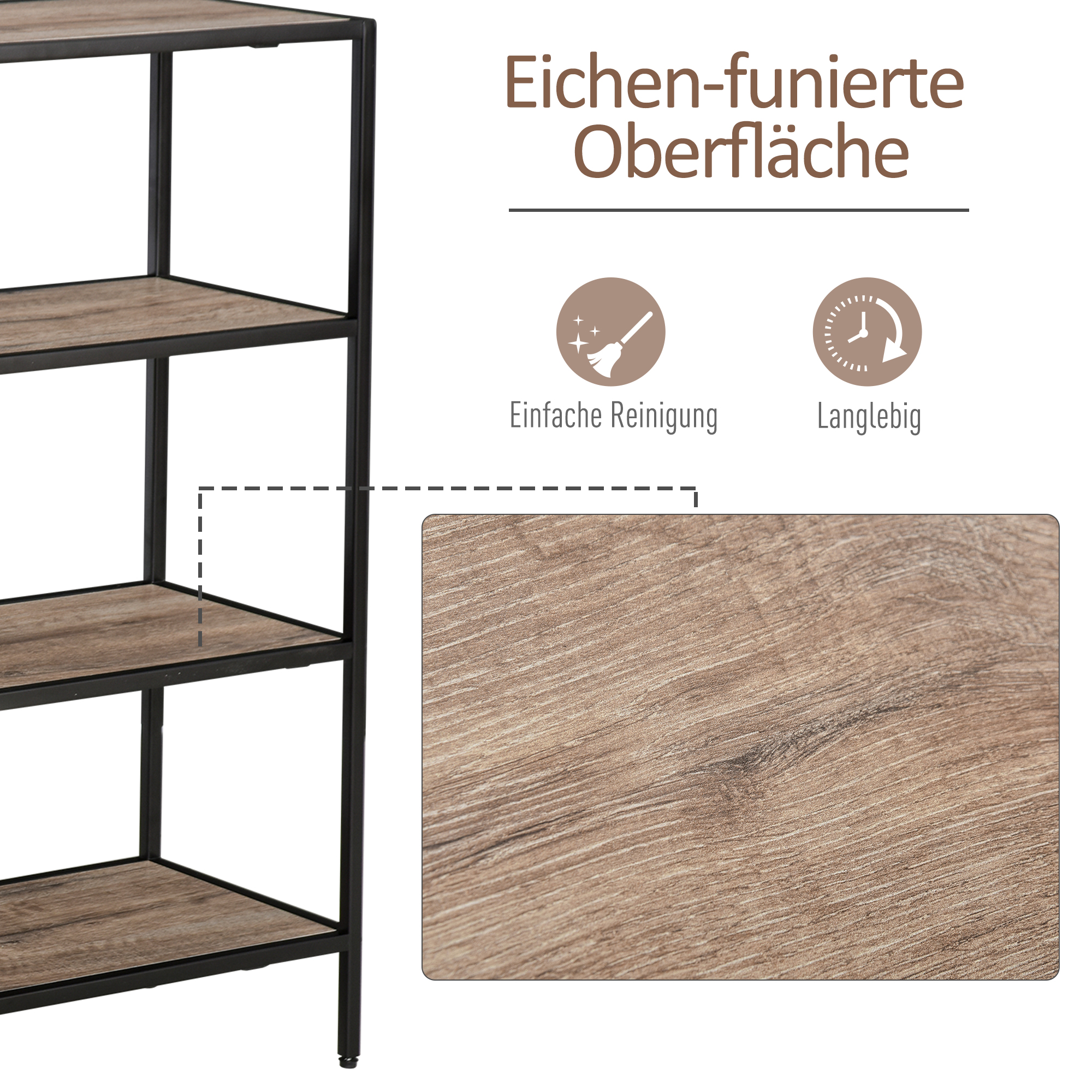 Standregal, Bücherregal Lagerregal Industrieller Stil, Aktenregal, Küchenregal, P2 Spanplatte, Metall, Schwarz+helle Eiche, 120 x 32 x 95 cm