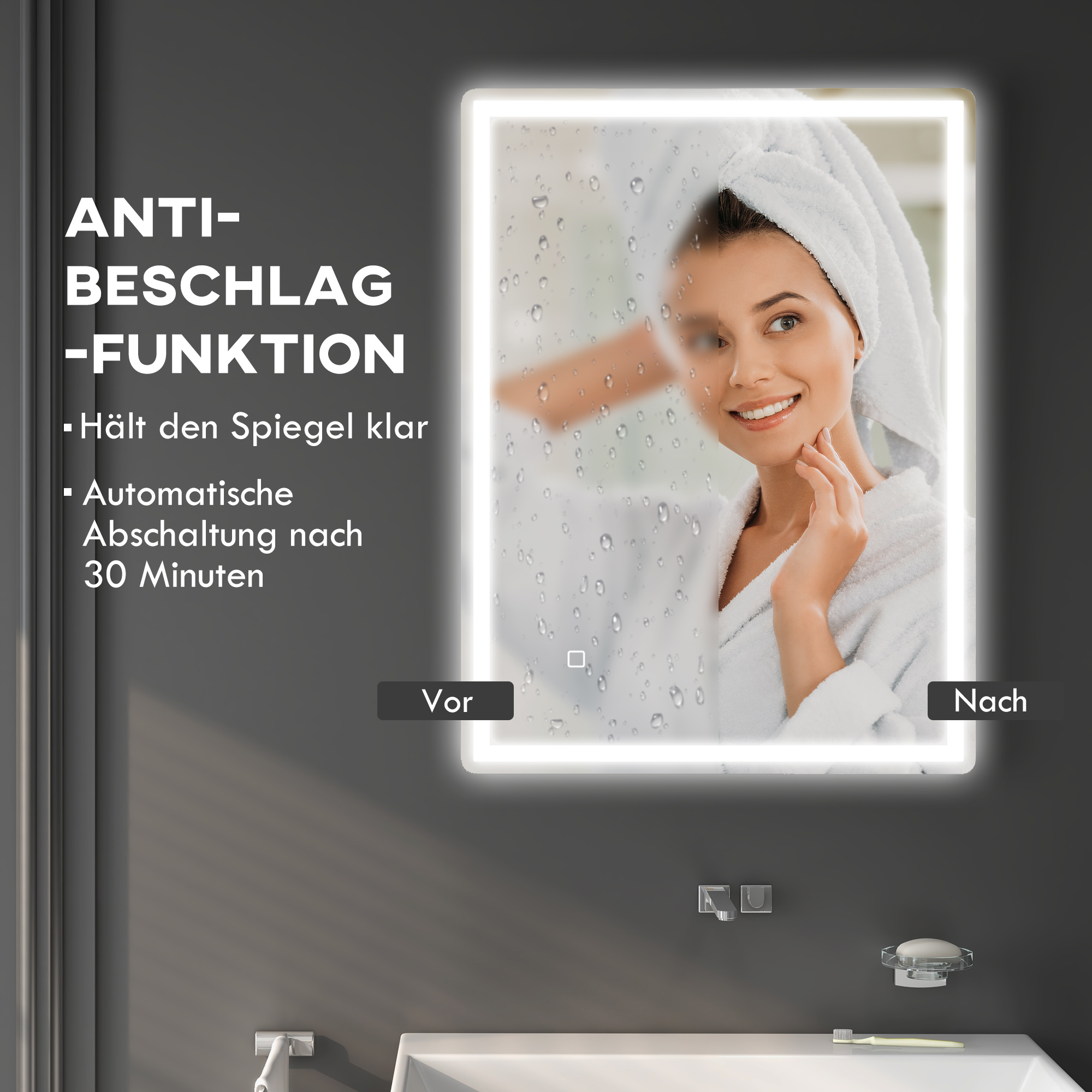 Badspiegel Badezimmerspiegel Wandspiegel LED´s, Ber, gsschalter, Antibeschlagfunktion, 60 x 80 x 4 cm, Weiß