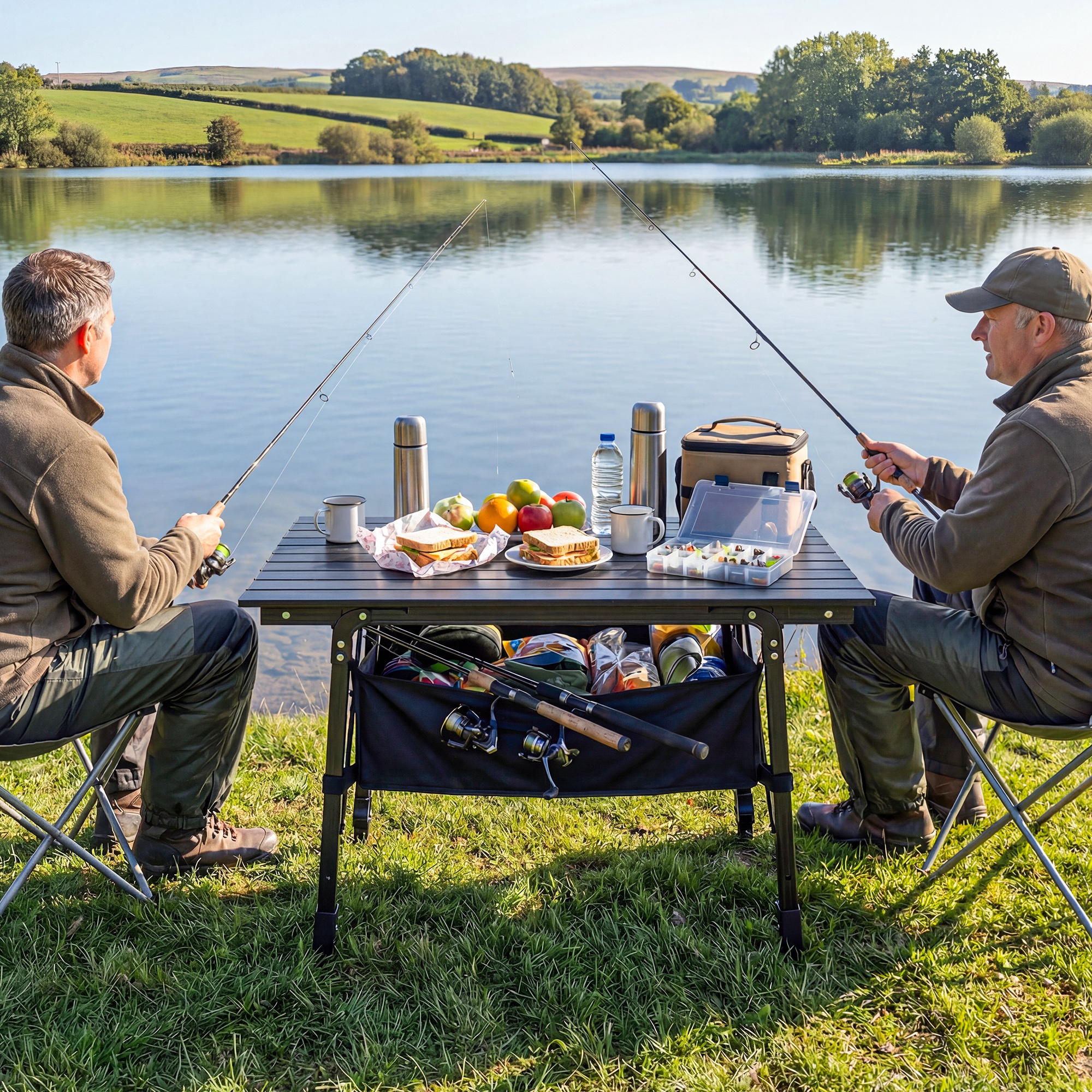 Campingtisch mit Aufbewahrungskorb, höhenverstellbar, faltbar, Aluminium, Schwarz