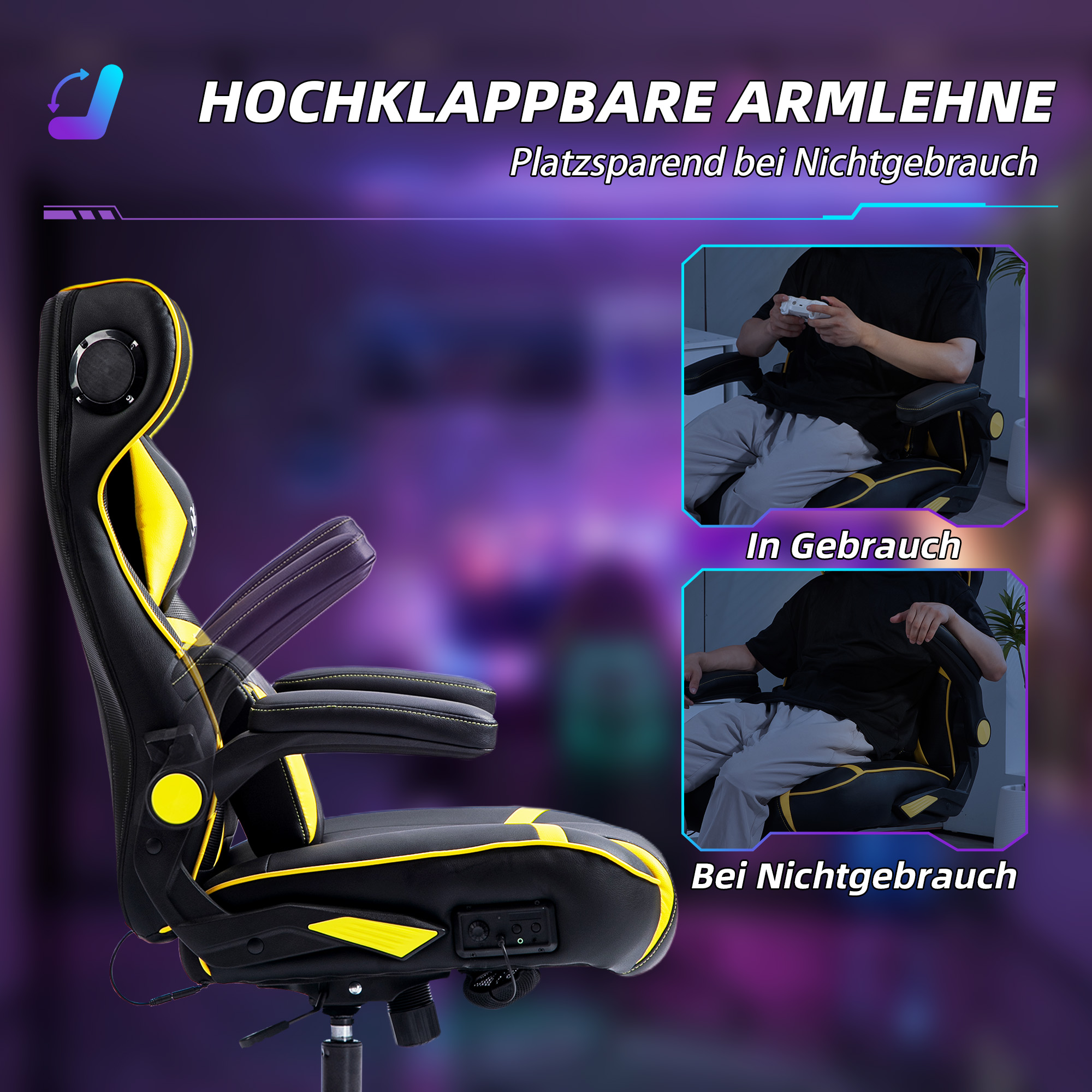 Gaming Stuhl mit Schaukelfunktion und Lautsprecher, Lenden- und Nackenstütze, für Spielzimmer, Kunstleder, Gelb+Schwarz