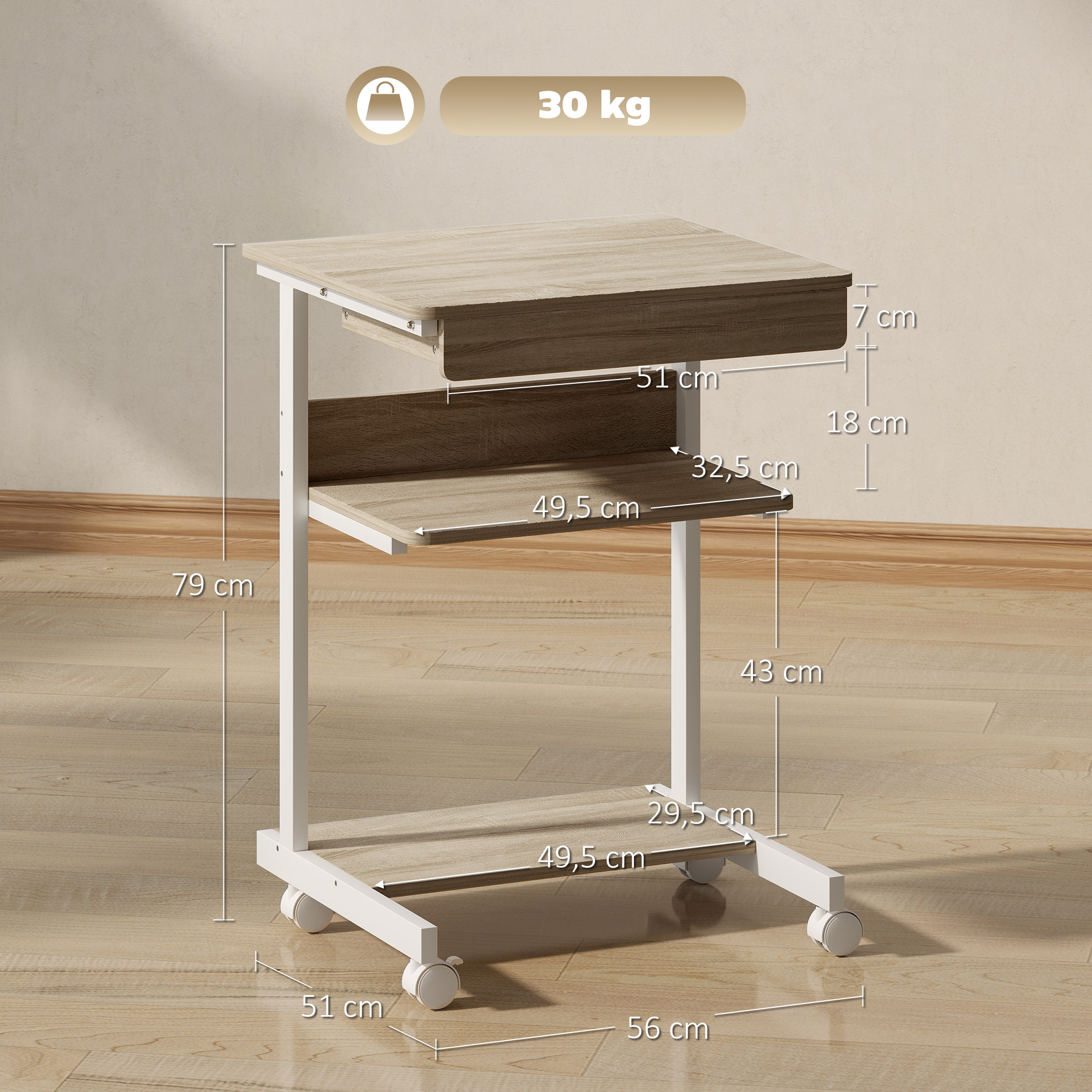 Roll-Schreibtisch mit Schublade und Regalen, 4 Räder, kompakt, Spanplatte, Metall