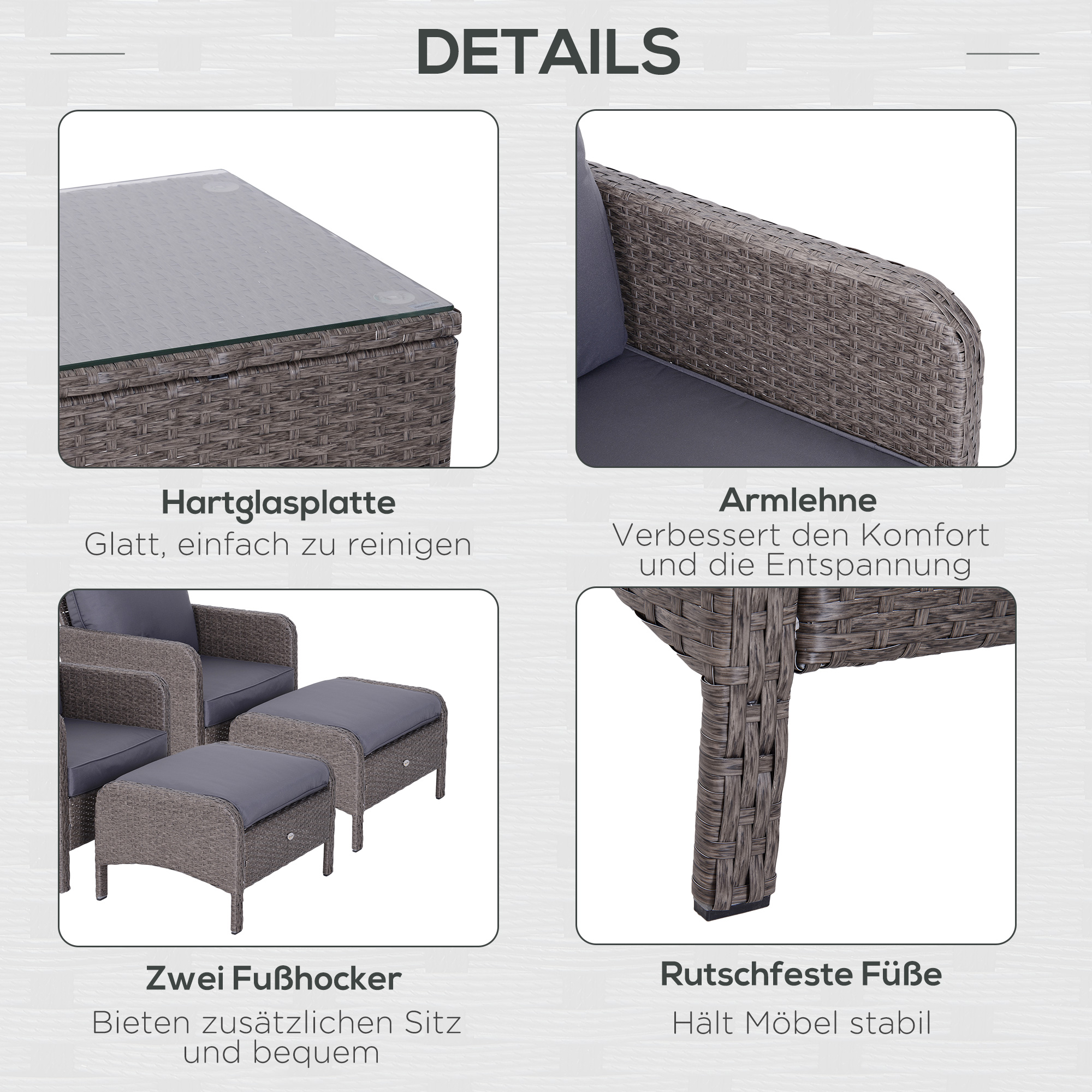 5-tlg, Polyrattan Gartenmöbel Sitzgruppe Gartenset Sofagarnitur Garnitur Lounge mit Kissen Dunkelgrau 2 x Sessel 1 x Couchtisch 2 x Hocker