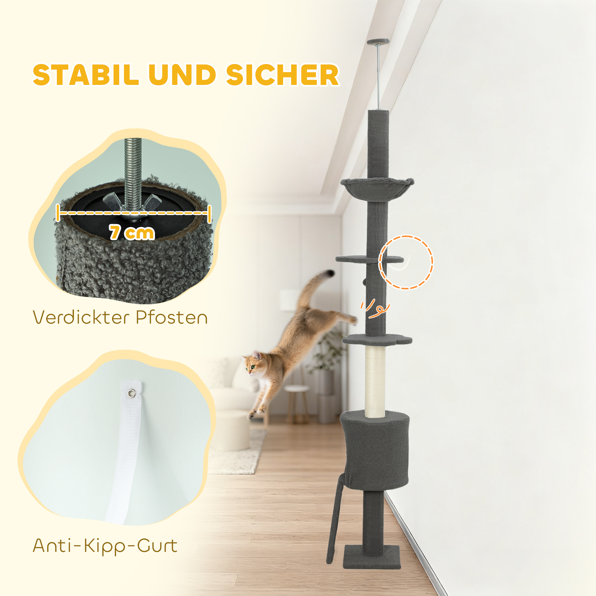 Katzenbaum, Höhle, Hängematte, verstellbare Höhe, Kratzbaum mit Stoffbezug, Grau