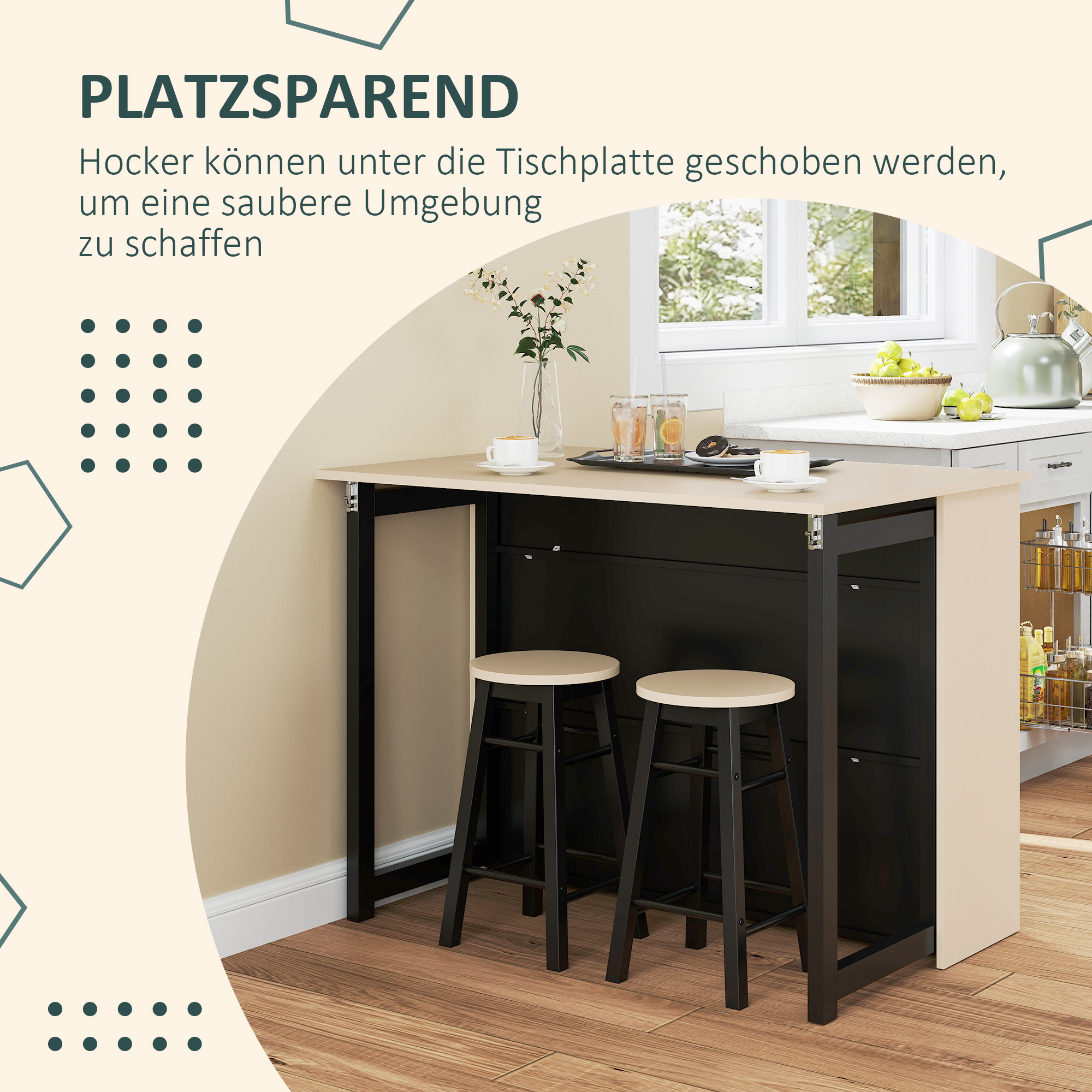 3-tlg, Barset, Bartisch mit klappbarer Tischplatte, 2 Barhocker, 6 Staufächer, schwarz+Eiche, 116 x 70 x 89,5 cm