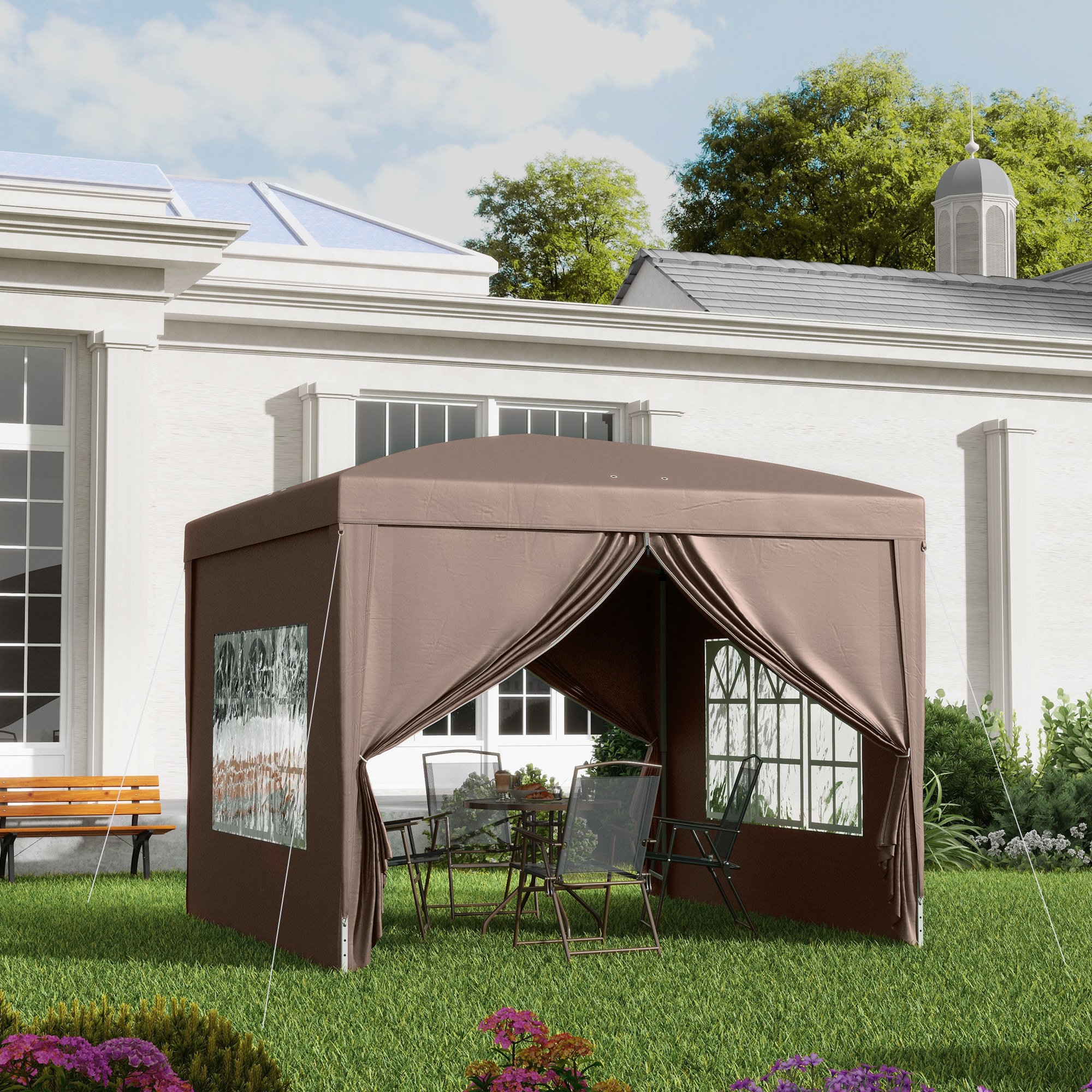 3 x 3 m Pavillon mit 4 Seitenwänden, Fenster, Festzelt mit UV-Schutz, Gartenzelt inkl, Tragetasche, Stahl, Kaffee