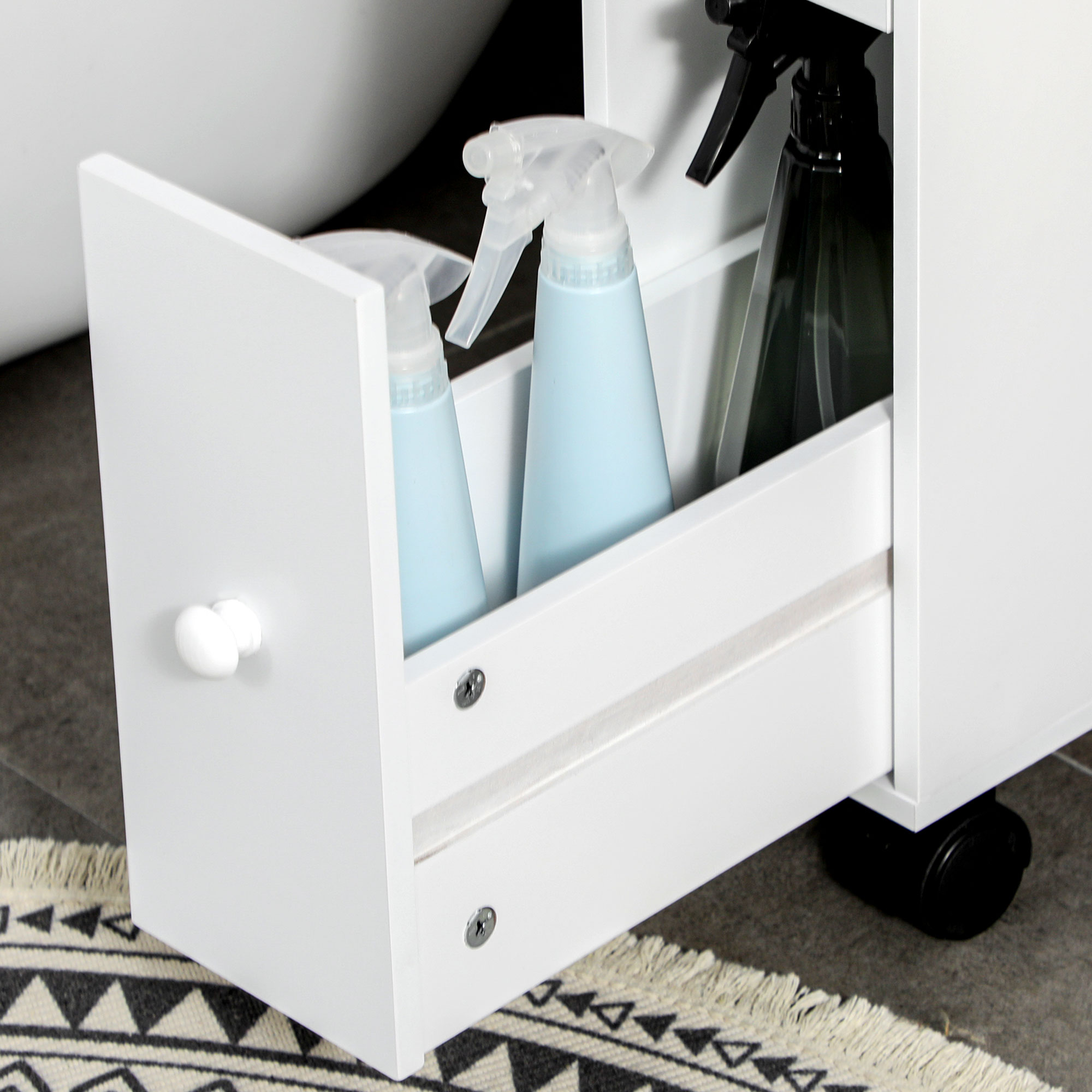 Nischenwagen Badschrank Rollschrank, schmales Design, zwei Schubladen, vier Räder, weiß, 16 x 49,5 x 66 cm