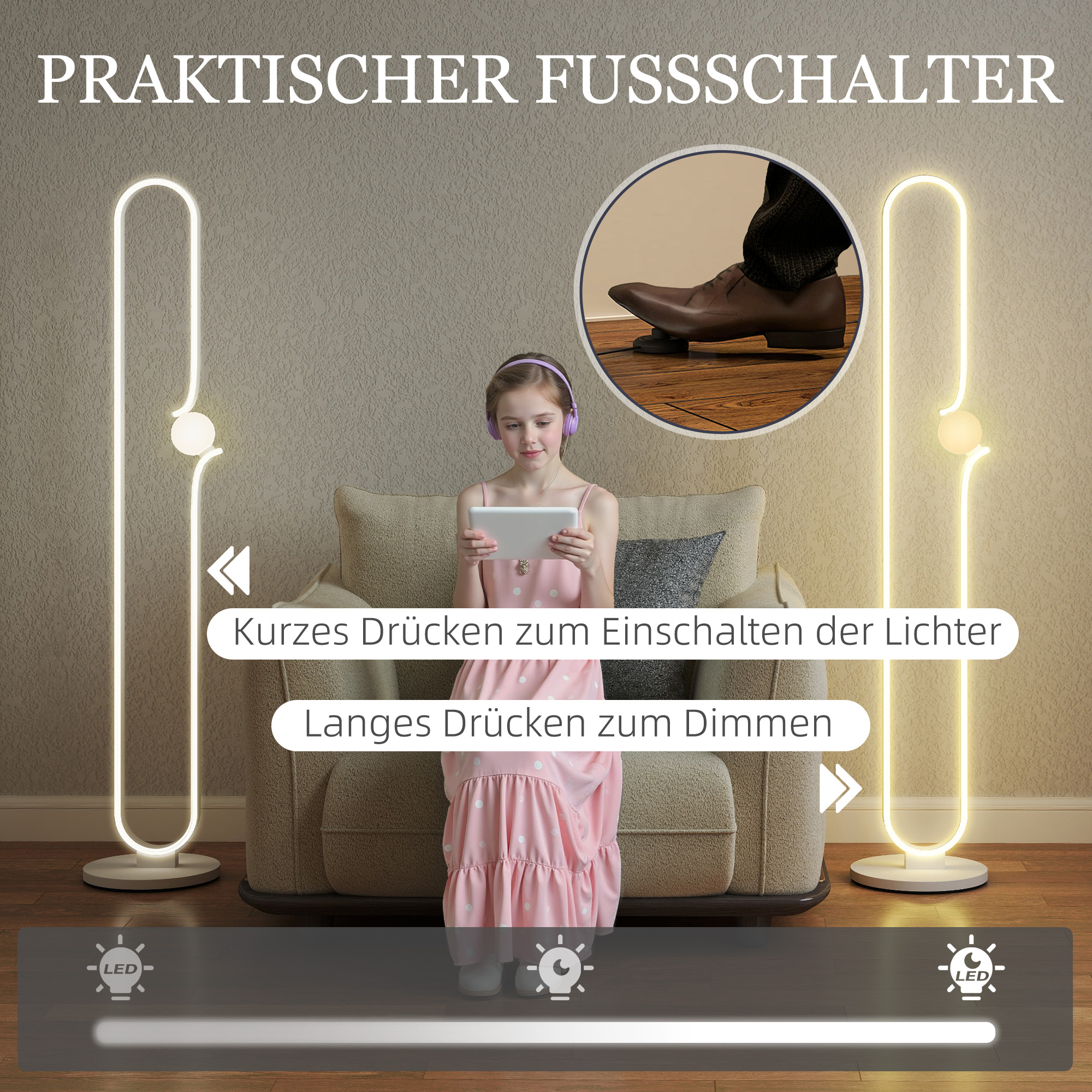 LED-Bodenlampe, Musiknoten-Design, Glasschirm, Metall, Kunststoff, Weiß