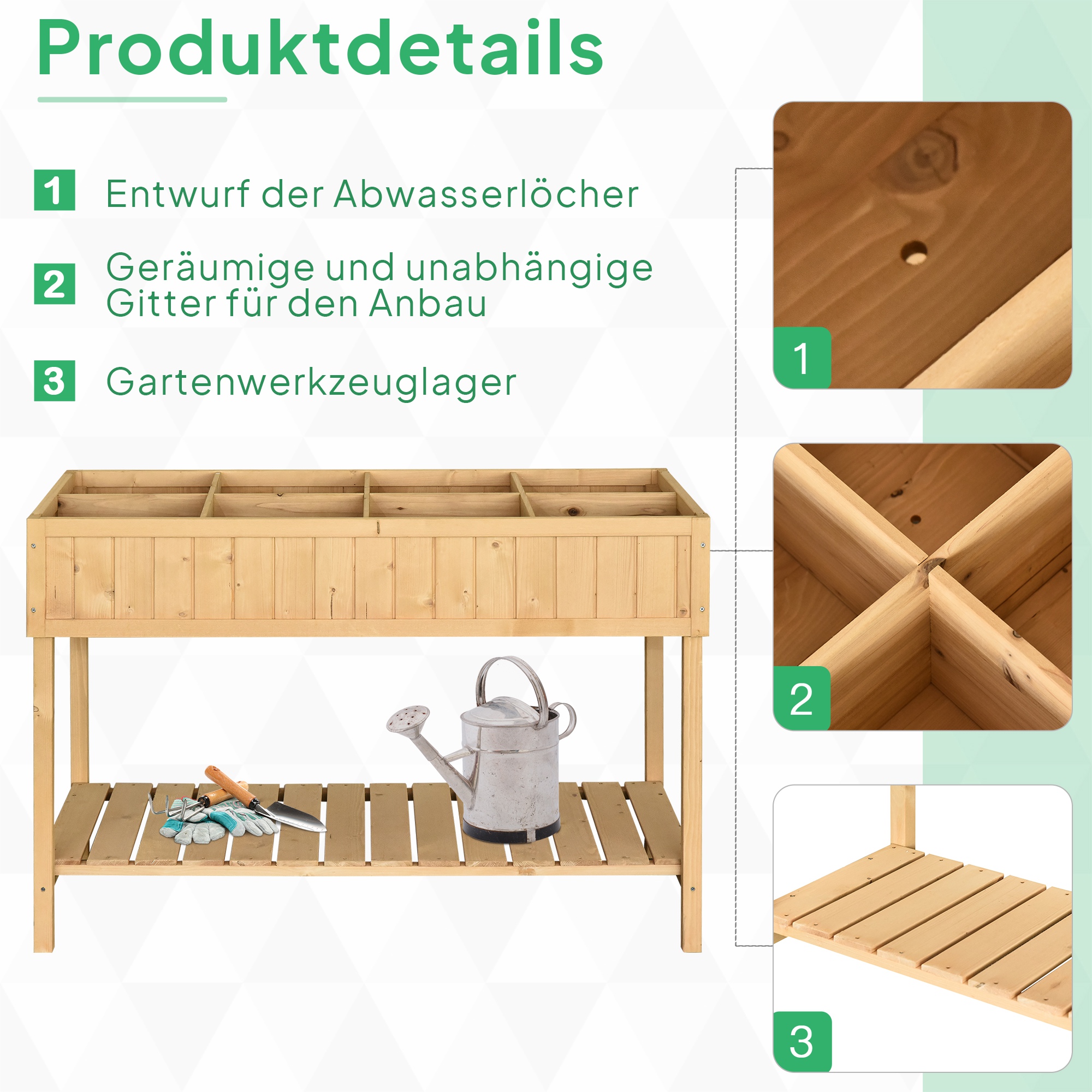 Hochbeet 8 Fächer Pflanztisch Blumenkasten Tannenholz 1 Ablage + Abfluss