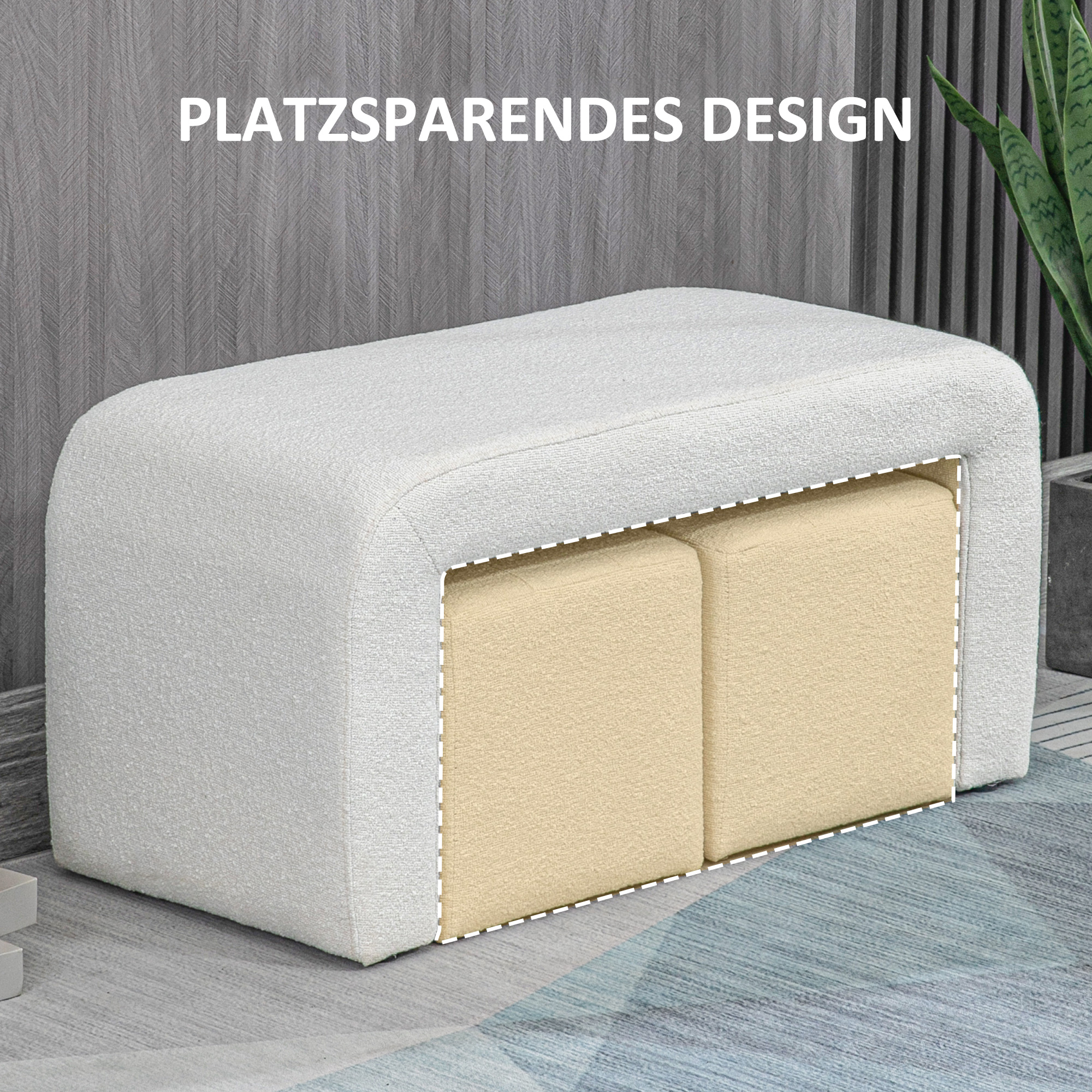 Fußhocker-Set Fußhocker 3-teilig, Knopfheftung, 89 cm x 42,5 cm x 45 cm, Creme