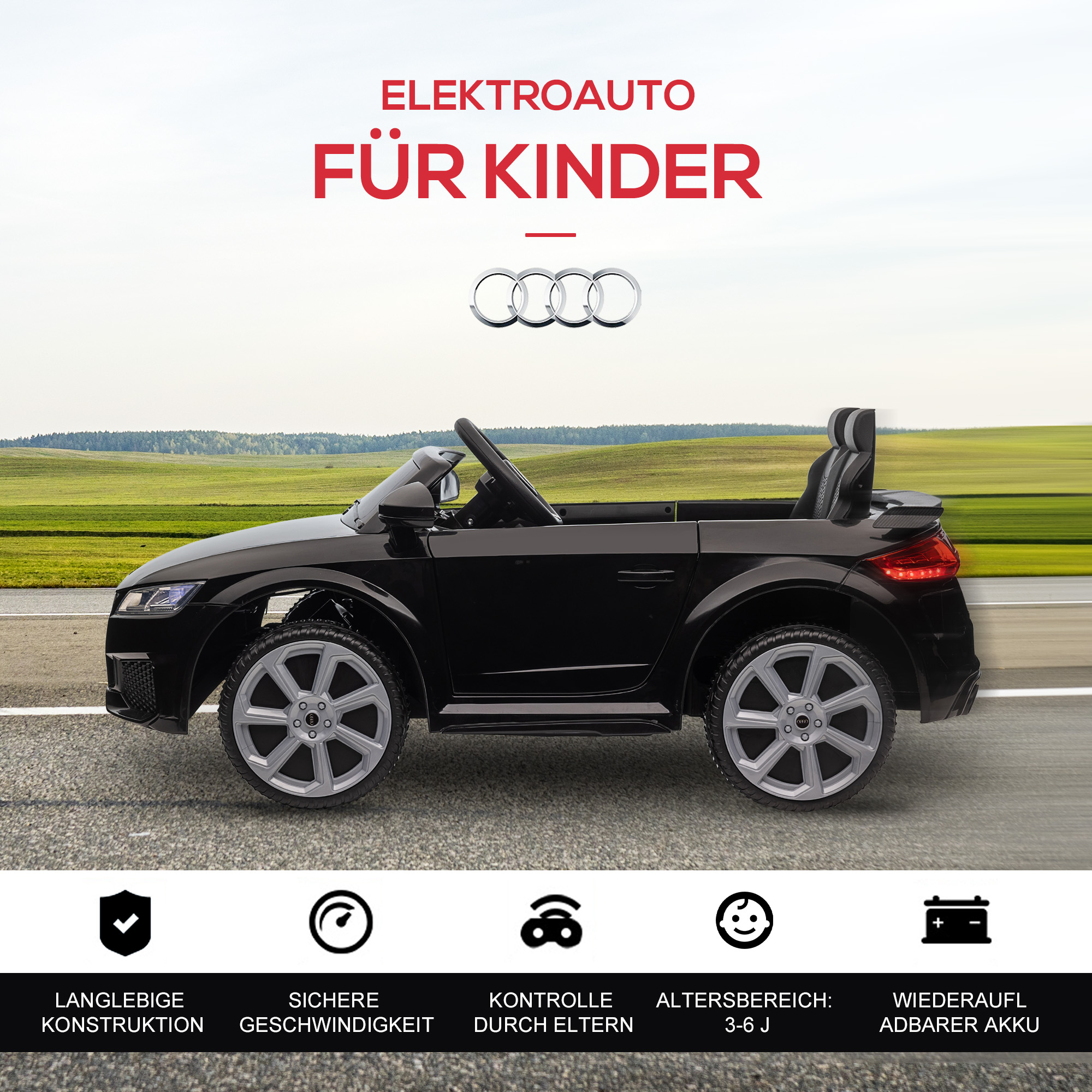 Kinderfahrzeug Audi TT RS Roadster, 3 km/h, Fernbedienung, LED, USB, schwarz