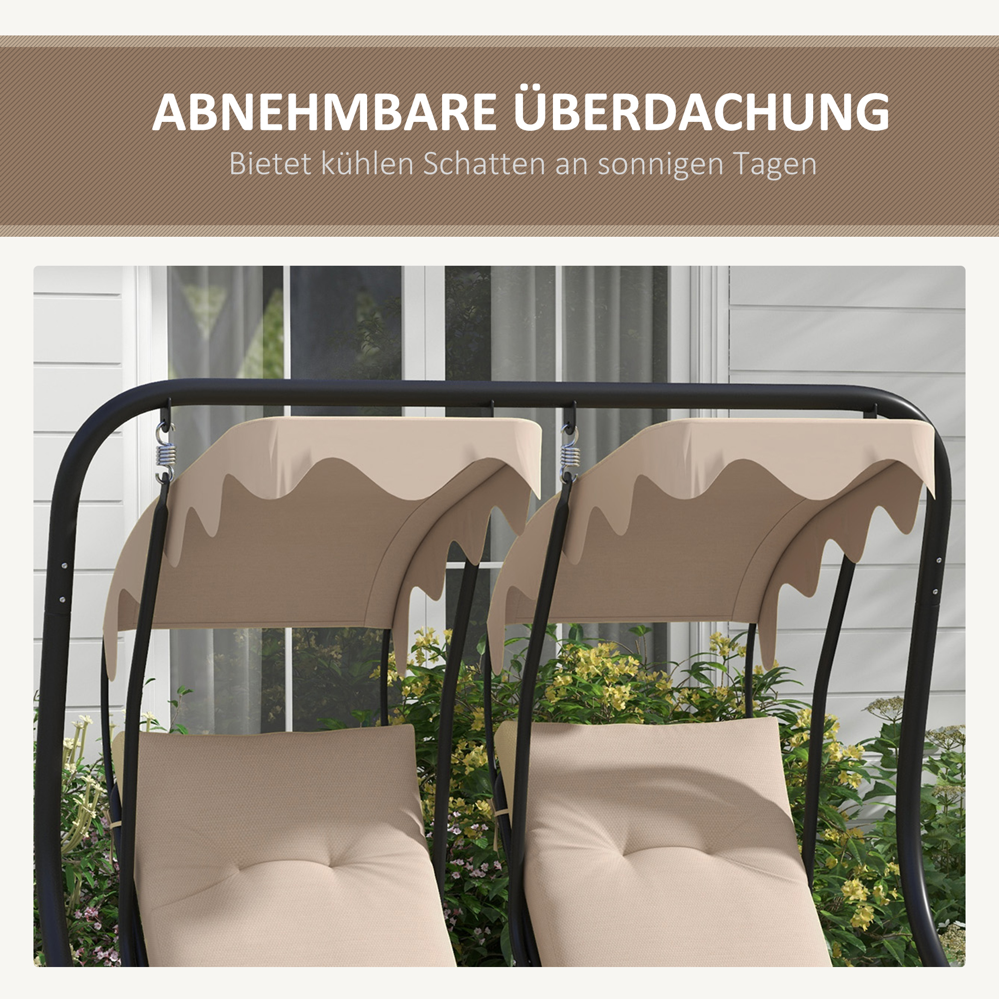 Hollywoodschaukel Gartenschaukel, wetterbeständig,2 getrennte Size, 2 Getränkehalter, 170 cm x 136 cm x 170 cm, Beige