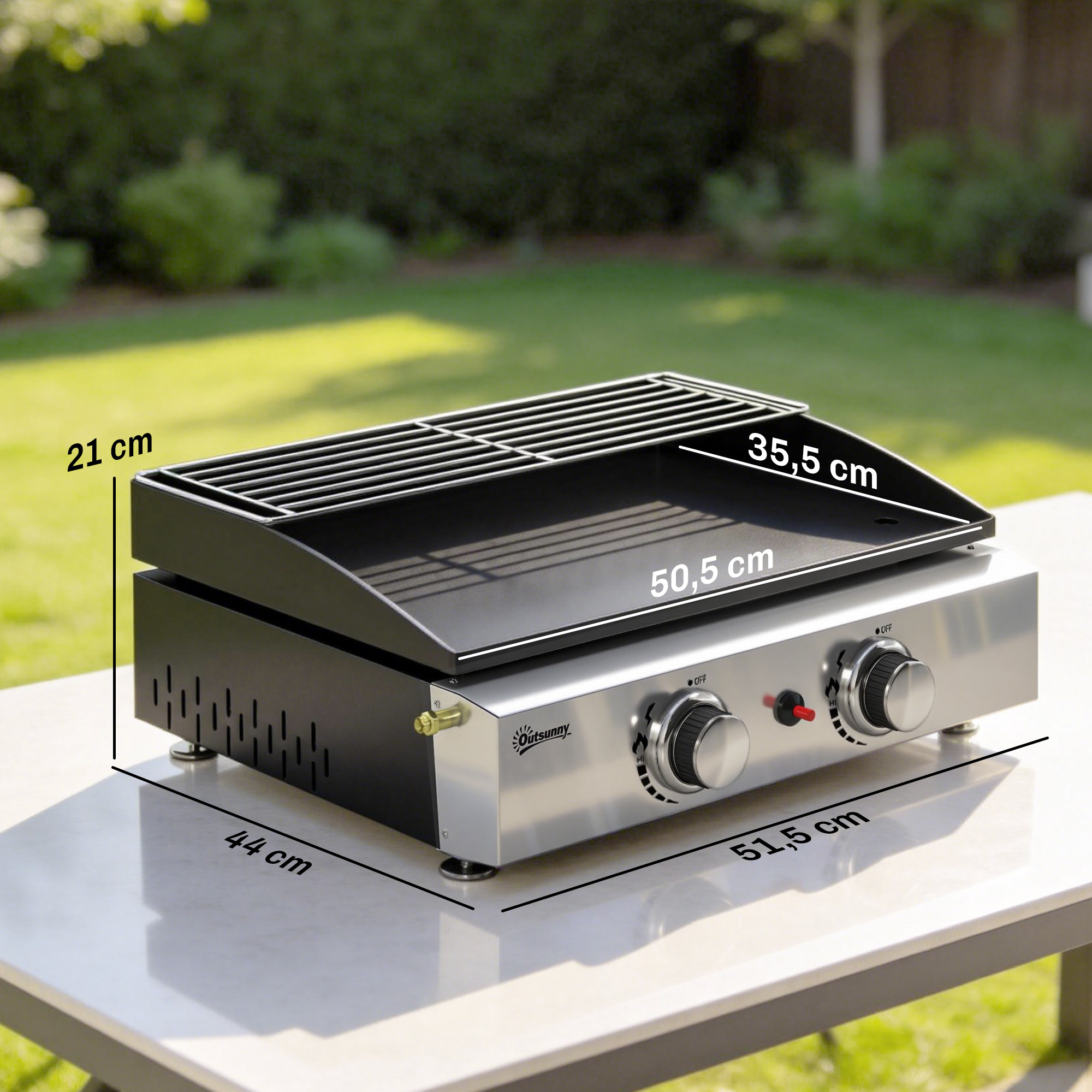 Gasgrill 5kW Tragbarer Tischgrill mit 2 Brenner Keramische Lackbeschichtung Grillrost Warmhalterost